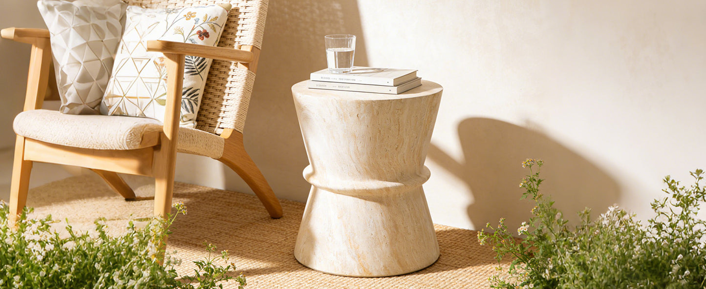 U_Style Hourglass shape Outdoor Side Table, Concrete Contemporary Lightweight Accent Table with Simulated stone texture , Outdoor Accent End Table for Livingroom, Garden.