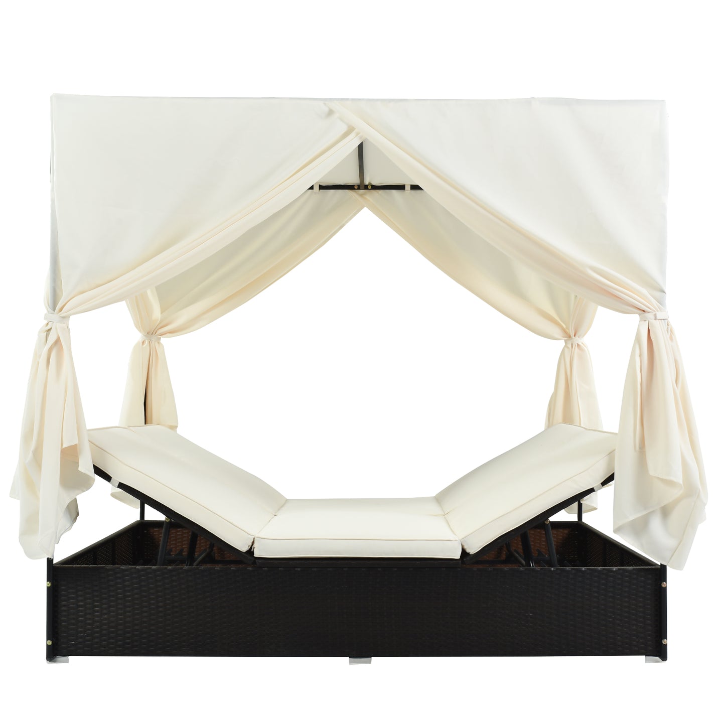 U_STYLE Outdoor Double Chaise Lounge Daybed with Curtains,Patio Outdoor Sunbed with Adjustable Backrest, Sturdy Steel Frame Loveseat Sofa for Backyard,Poolside, Terrace
