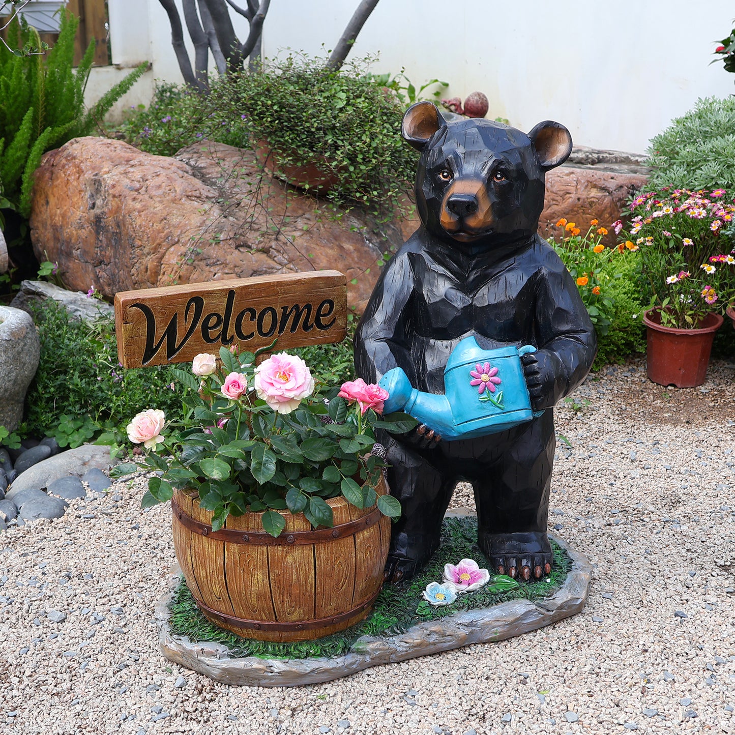 Outdoor Garden Sculpture Bear Flower Pot Planter - Unique Yard Statue Decoration, Interesting Law Outdoor Ornament