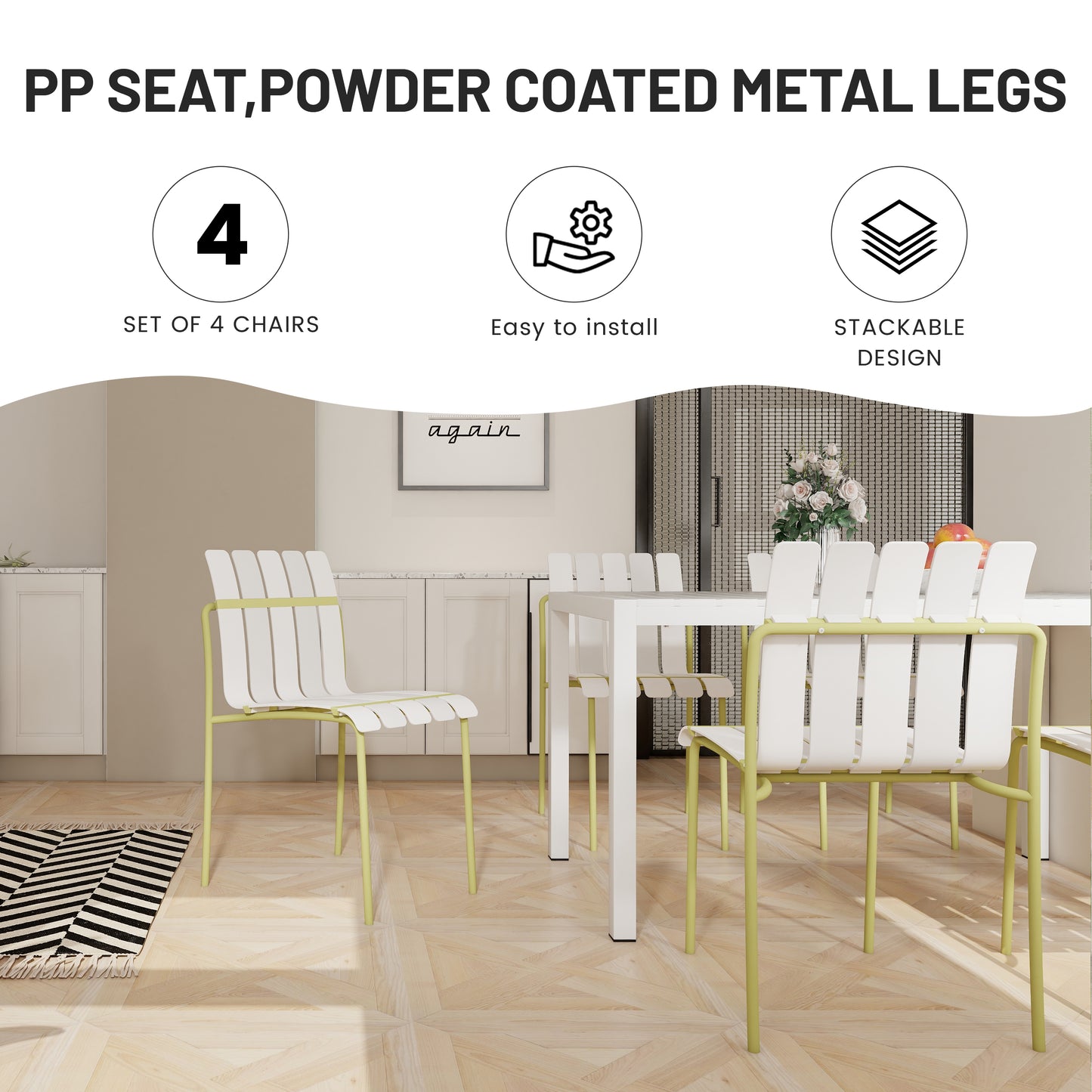 Summer - 4-Pack Modern Striped Color Block Chairs - Waterproof PP Seat & Sturdy Metal Legs, Indoor/Outdoor Dining Set for Patio, Balcony, Café (White & Yellow)
