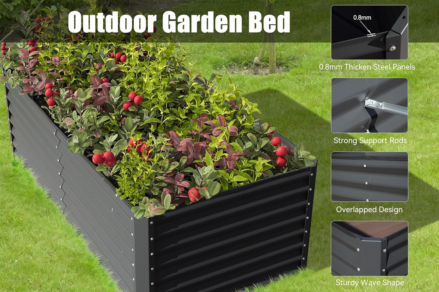 8×4×1.5 ft Galvanized Raised Garden Bed, Outdoor Planter Garden Boxes Large Metal Planter Box for Gardening Vegetables Fruits Flowers, Dark Grey