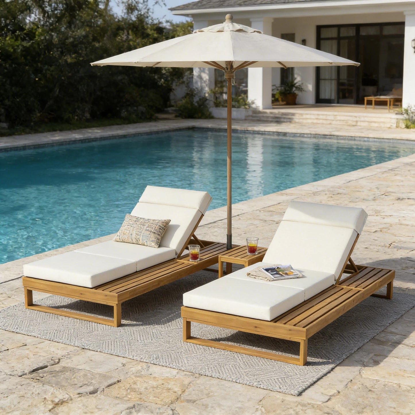 Teak Finish Acacia Wood Chaise Lounge with 4-Inch Beige 4-Fold Cushion Set, Adjustable Outdoor Patio Lounger with Flat Side Surface, for Poolside- Matching cream,dark gray version available