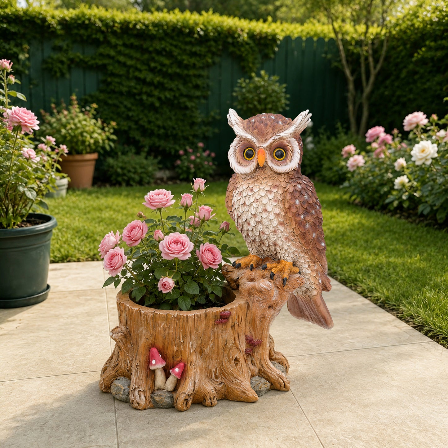 Decorative Owl Garden Planter Pot on Branch - Whimsical Polyresin Bird Figurine Flower Pot for Outdoor Porch & Yard Decor