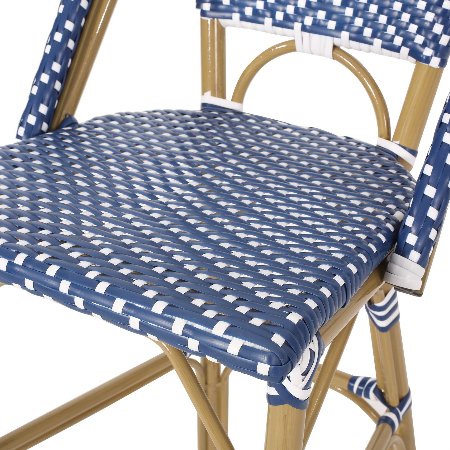 29.5" Outdoor PE Rattan French Barstool, Dark Teal and White, Aluminum Frame with Bamboo Finish (Set of 2)