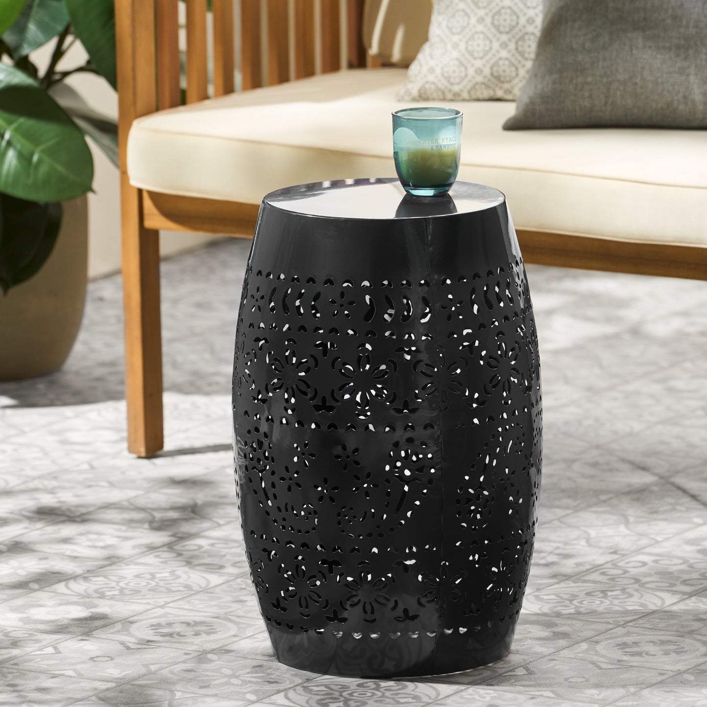 RUBY Side Table, Lace Cut Metal End Table for Outdoor & Indoor Use, Barrel Shape Accent Table with No Assembly Needed for Garden, Patio, Living Room, Backyard Decor,Black Color