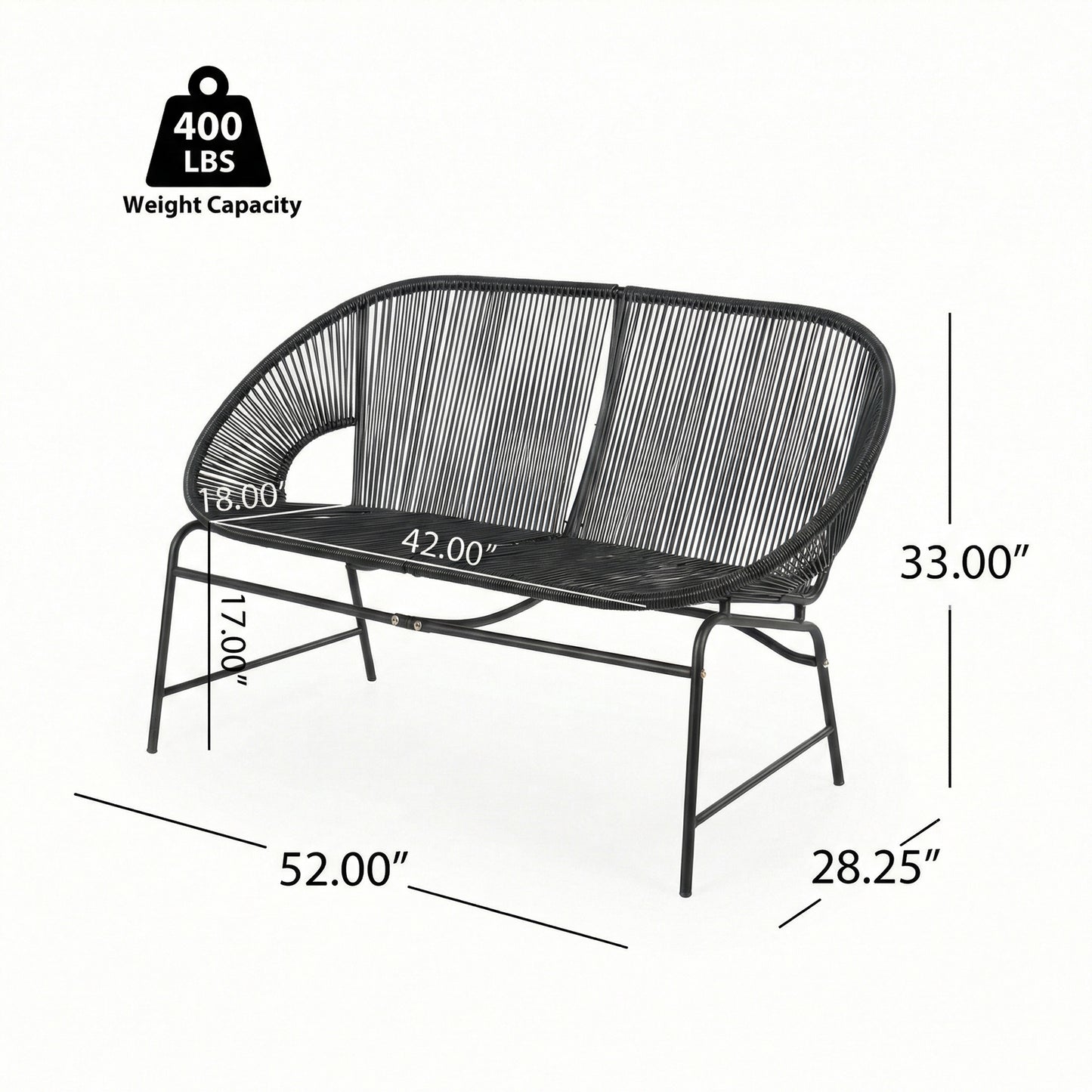 CONDESSA OUTDOOR PATIO WICKER LOVE SEAT, BLACK PE RATTAN & IRON FRAME, SET OF 1