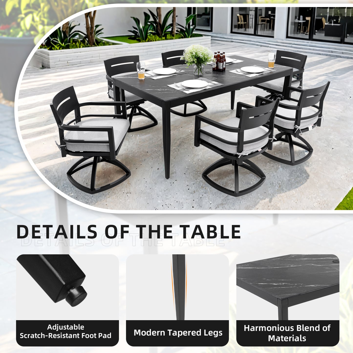 Outdoor Modern Patio 35.5"x71" Aluminum Dining Table, Black Marble-Inspired Sintered Stone Top, Ember Black Finish, Post Tapered Legs-Seats Six, Weatherproof & Rust-Free