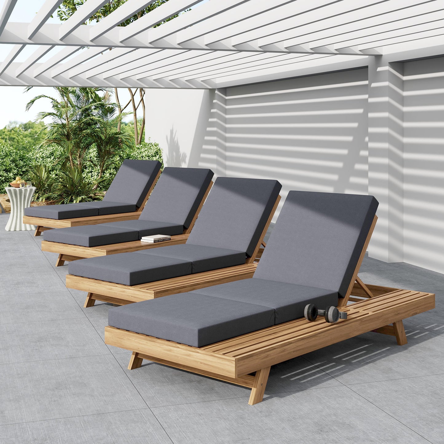 Lounge Chaise Set, Space Available On One Side, Acacia Solid Wood In light brown With Lounge Cushion (Dark Grey & Triple Fold) – Matching Cream Version Available
