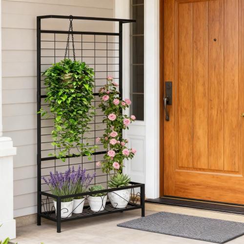 3-Tier Plant Stand With Hanging Basket - Vintage Wood & Iron Rolling Plant Shelf For Indoor Outdoor Use, Space Saving Design With Lockable Casters