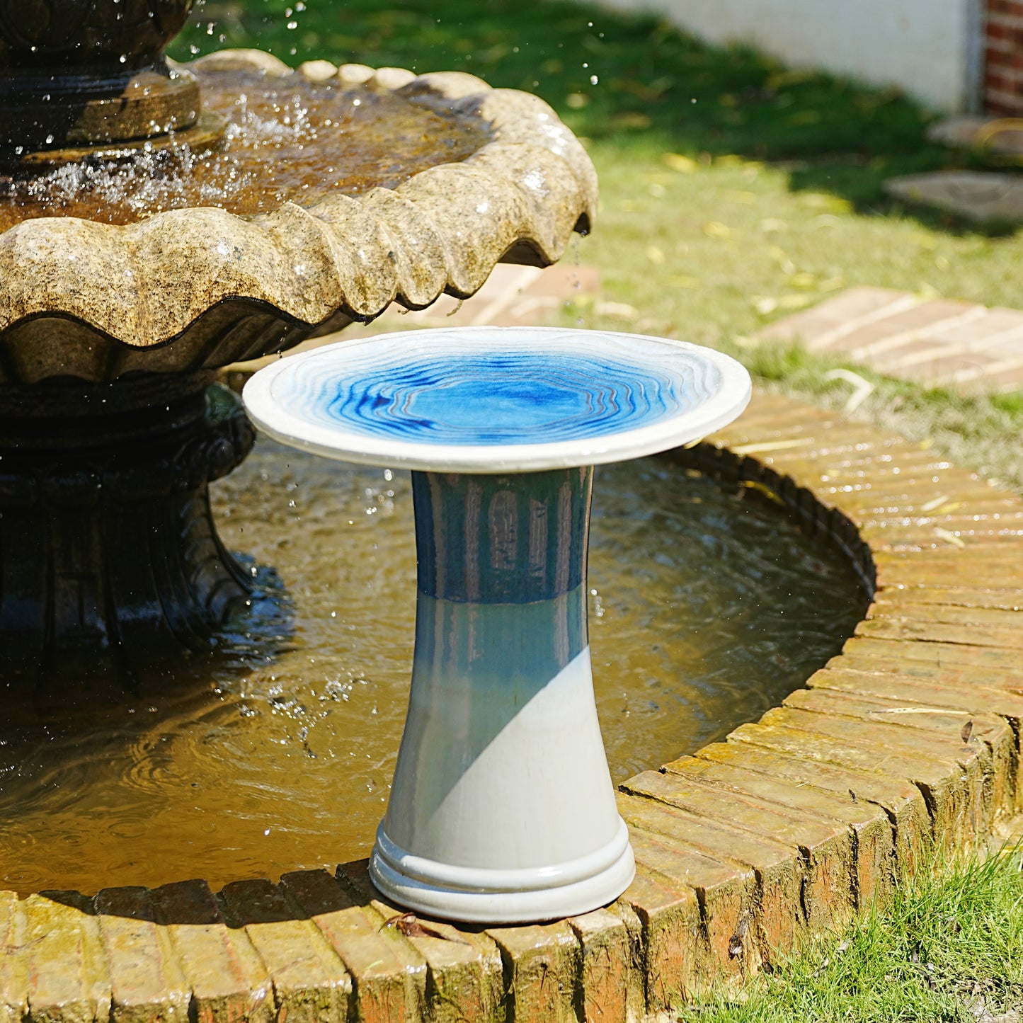 17'' Ceramic Bird Bath for Outside, Elegant Tall Outdoor Bird Bath, Lightweight Pedestal Glazed Birdbaths for Outdoors with Swirl Pattern, Blue Ombre
