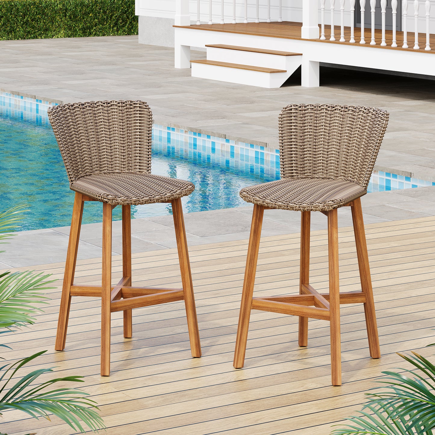 Lymington Outdoor Bar Stool, Teak Finished Wood with Light Brown Wicker, Set of 2