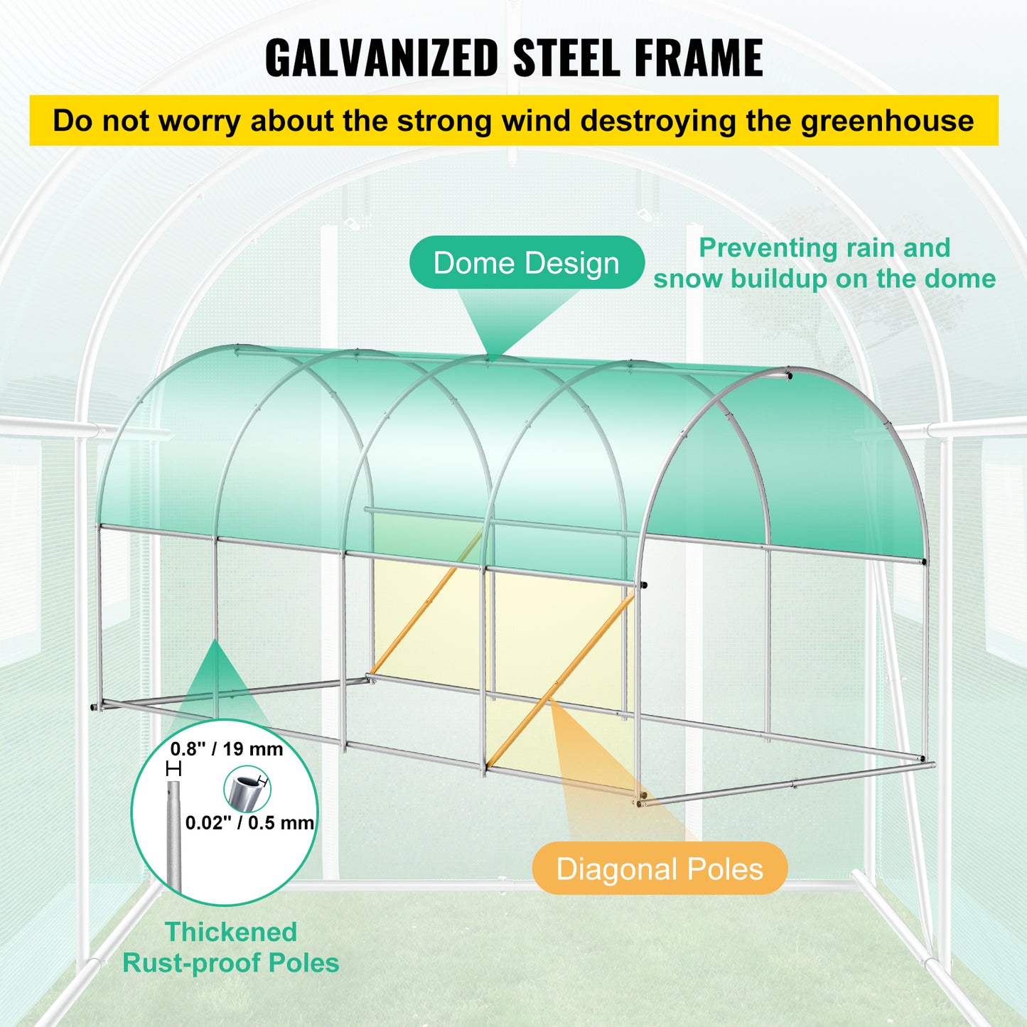 Walk-in Tunnel Greenhouse, 14.8 x 6.6 x 6.6 ft Portable Plant Hot House w/ Galvanized Steel Hoops, 1 Top Beam, Diagonal Poles, Zippered Door & 8 Roll-up Windows, Green