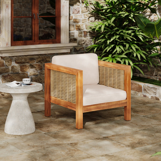 Acacia Wood Outdoor Club Chair with Wicker Armrest and Beige Cushions,400 lbs Capacity