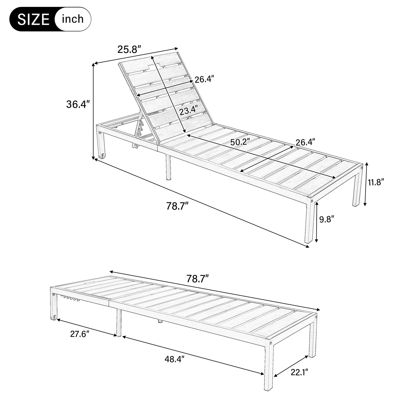 Outdoor Chaise Lounges Pool Lounge Chairs Outdoor Daybed Recliner with Adjustable Backrest for Patio, Poolside or Beach, Black+Natural
