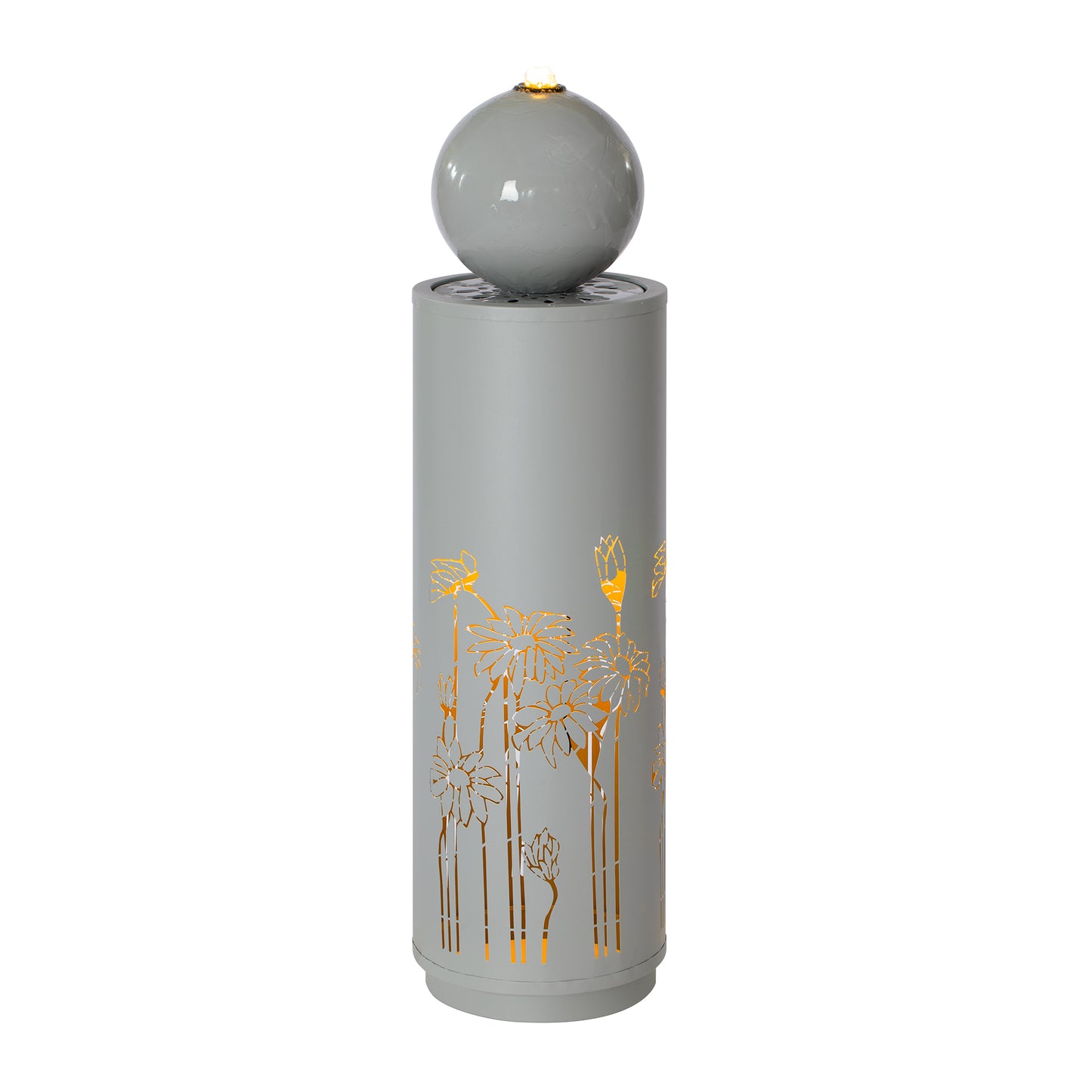 34.25"H Light Gray Metal Cutout Outdoor Water Fountain with LED Lights, Modern Freestanding Sphere-Top Water Feature for Patio Garden Backyard Decor