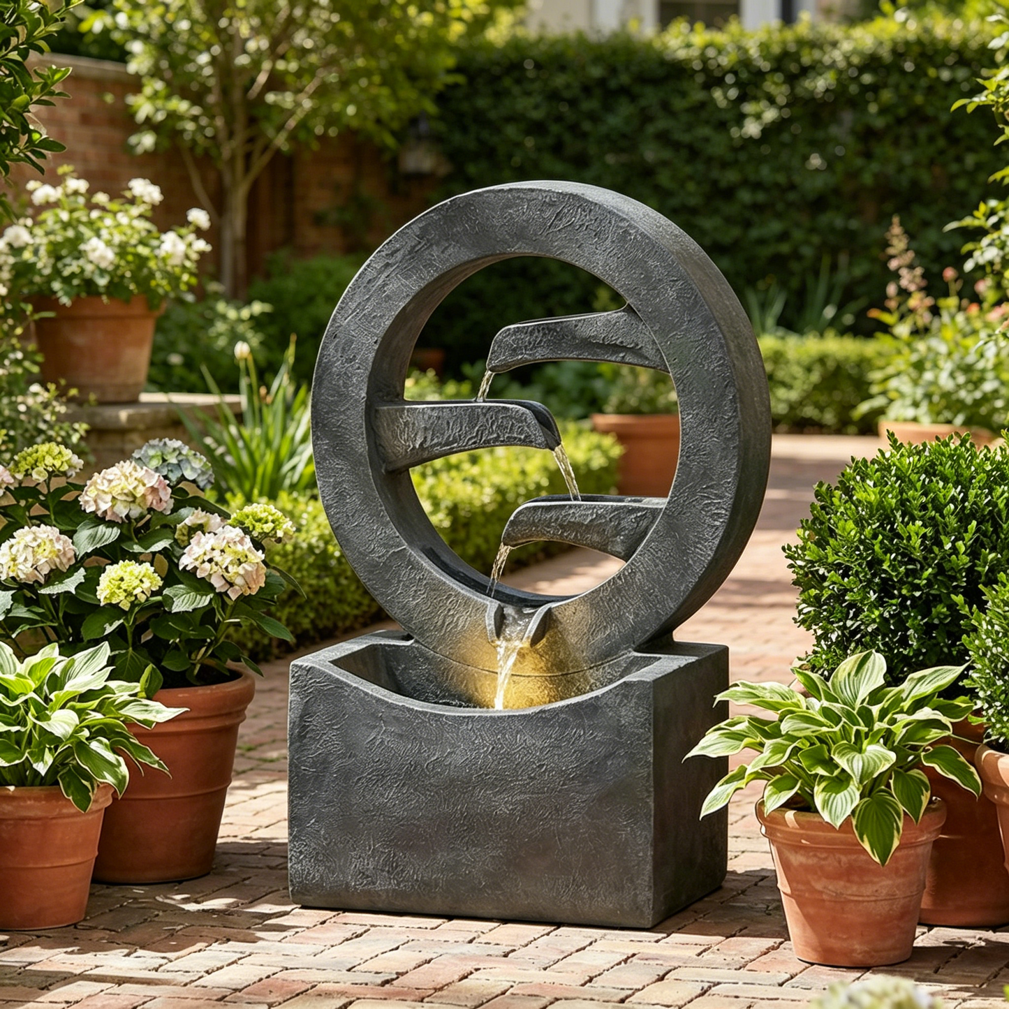 26.77"H Gray Circular Polyresin Outdoor Water Fountain with LED Light, Freestanding Modern Cascading Water Feature for Patio Garden Backyard Decor