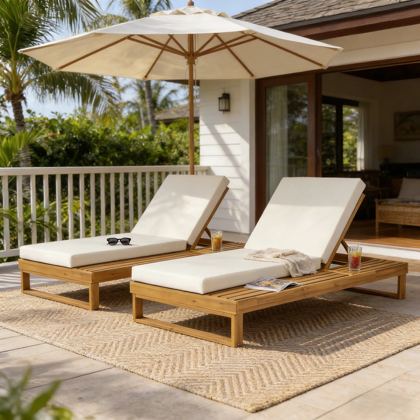 Teak Finish Acacia Wood Chaise Lounge with 4-Inch Cream 2-Fold Cushion Set, 4-Position Adjustable Outdoor Patio Lounger with Flat Side Surface, for Poolside - Matching dark grey version available
