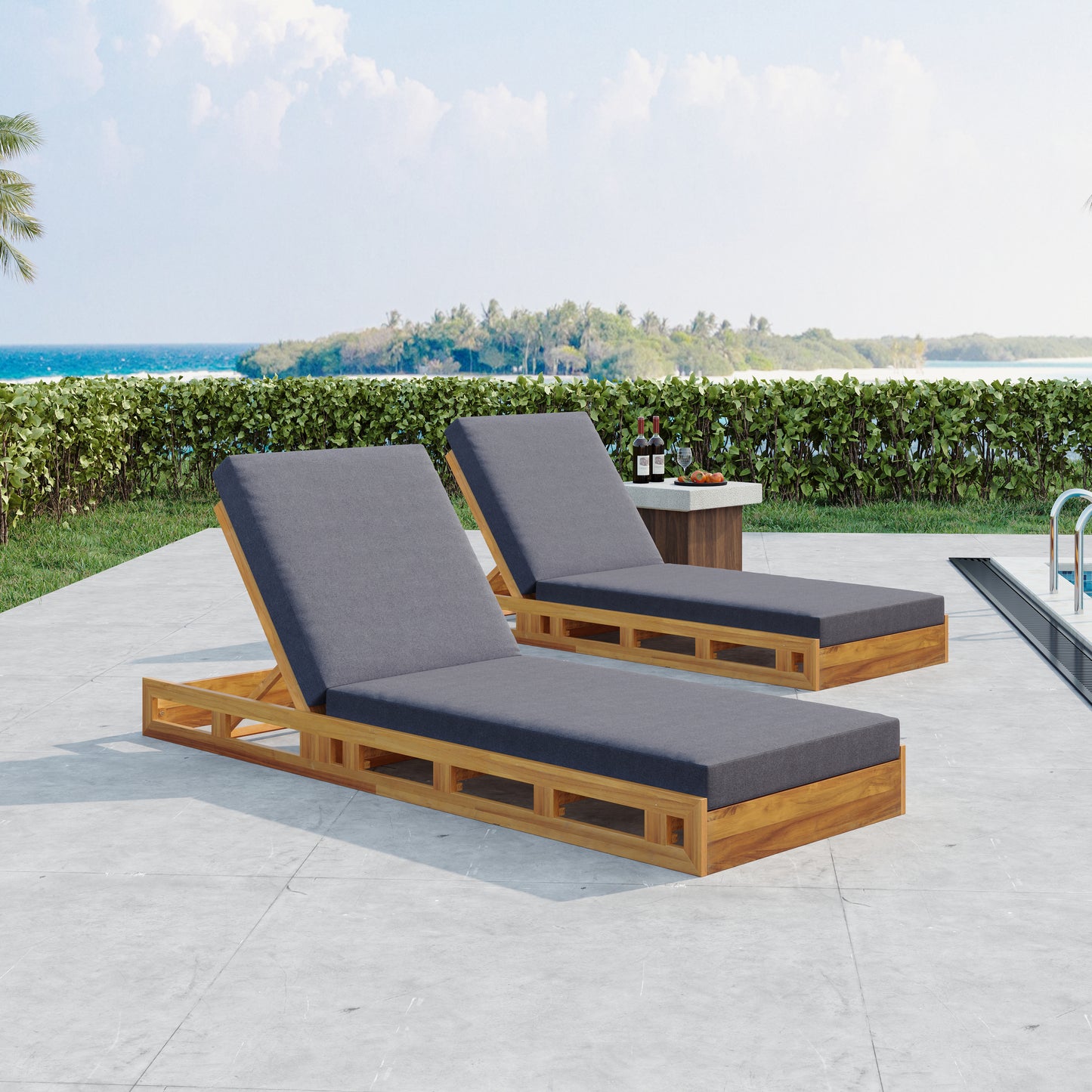 LOUNGE CHAISE SET, ACACIA WOOD WITH WATER-RESISTANT LOUNGE CUSHIONS (Dark Grey/ & 4 INCH THICK) - MATCHING CREAM VERSION AVAILABLE