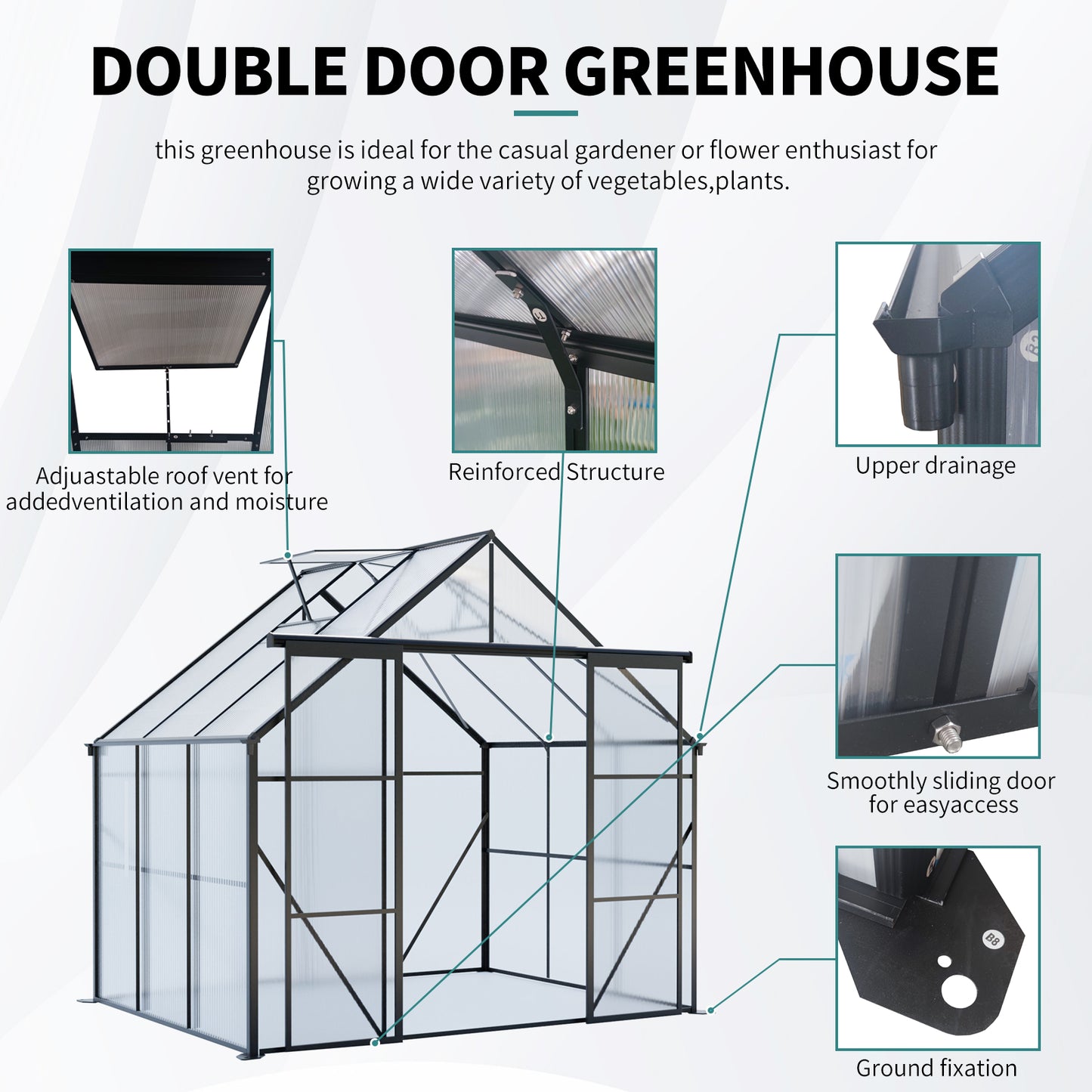 8X6FT-Black Double Door Polycarbonate Greenhouse Raised Base and Anchor Aluminum Heavy Duty Walk-in Greenhouses for Outdoor Backyard in All Season