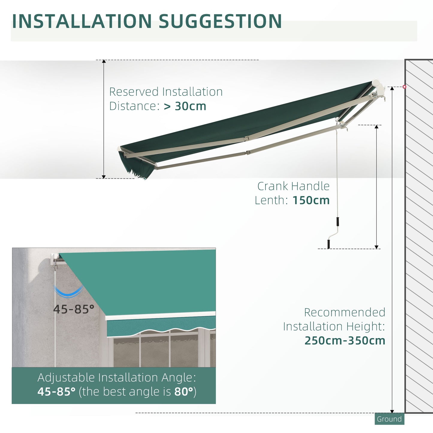 Outsunny 13' x 8' Retractable Awning, Patio Awnings, Sunshade Shelter w/ Manual Crank Handle, UV & Water-Resistant Fabric and Aluminum Frame for Deck, Balcony, Yard, Green