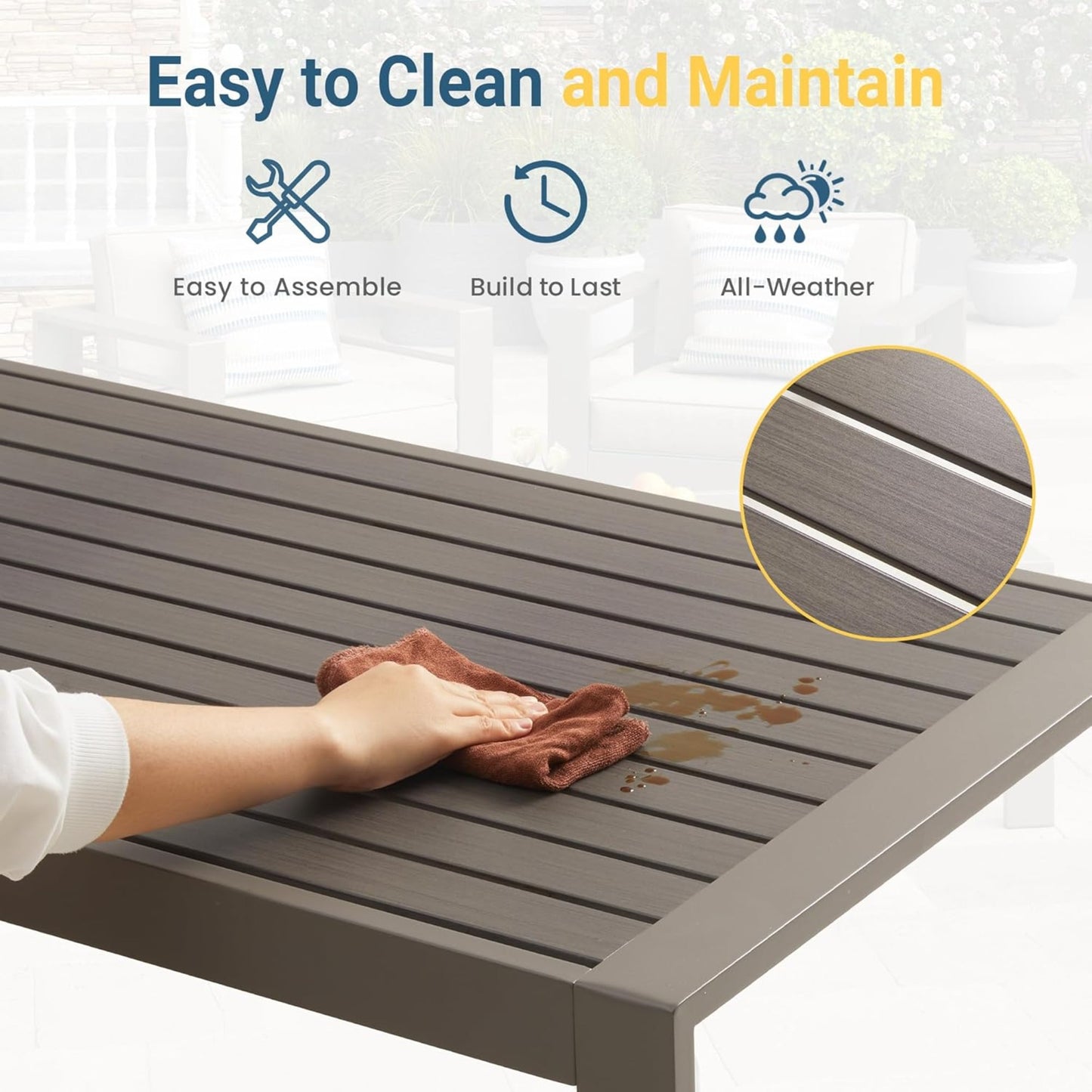 43" x 24" All-Weather Metal Outdoor Coffee Table with Wood-Look Top and Khaki Frame