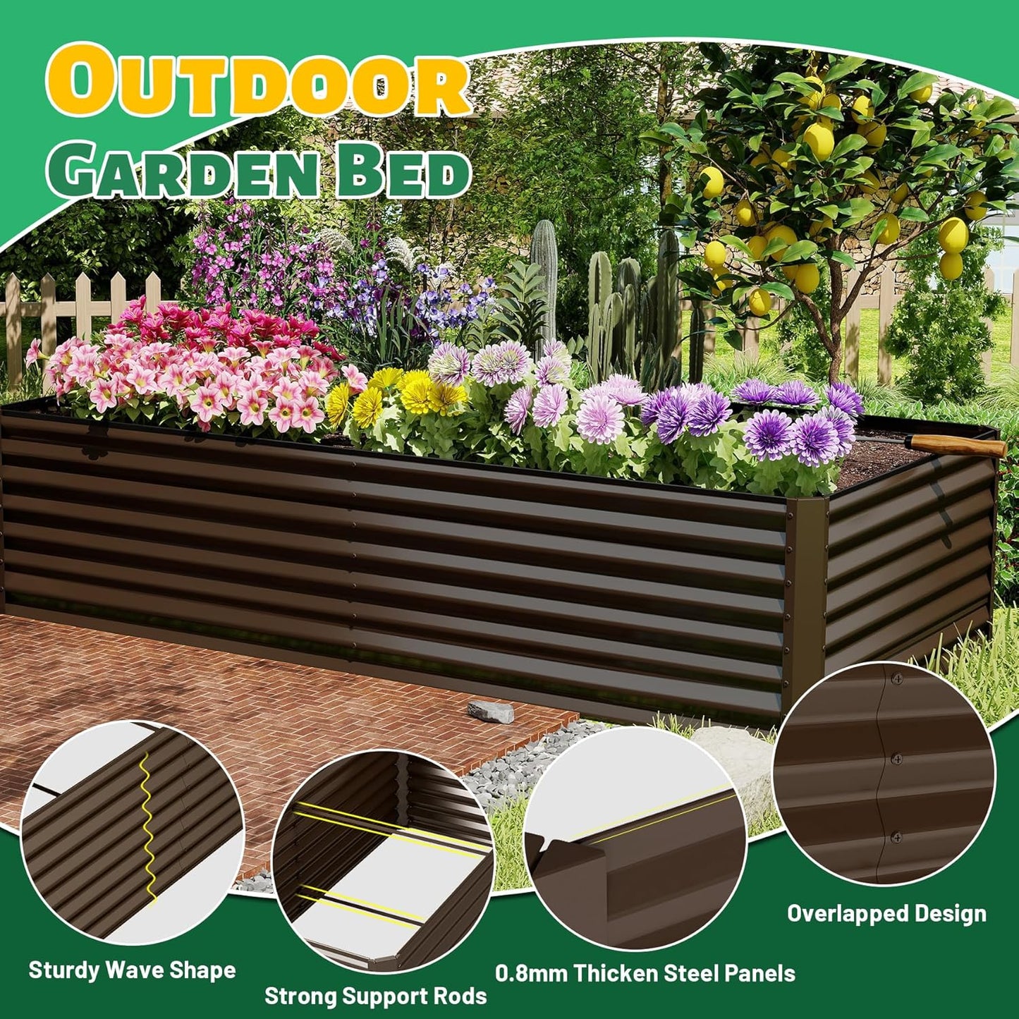 8×4×2 ft Galvanized Raised Garden Bed, Outdoor Planter Garden Boxes Large Metal Planter Box for Gardening Vegetables Fruits Flowers, Brown