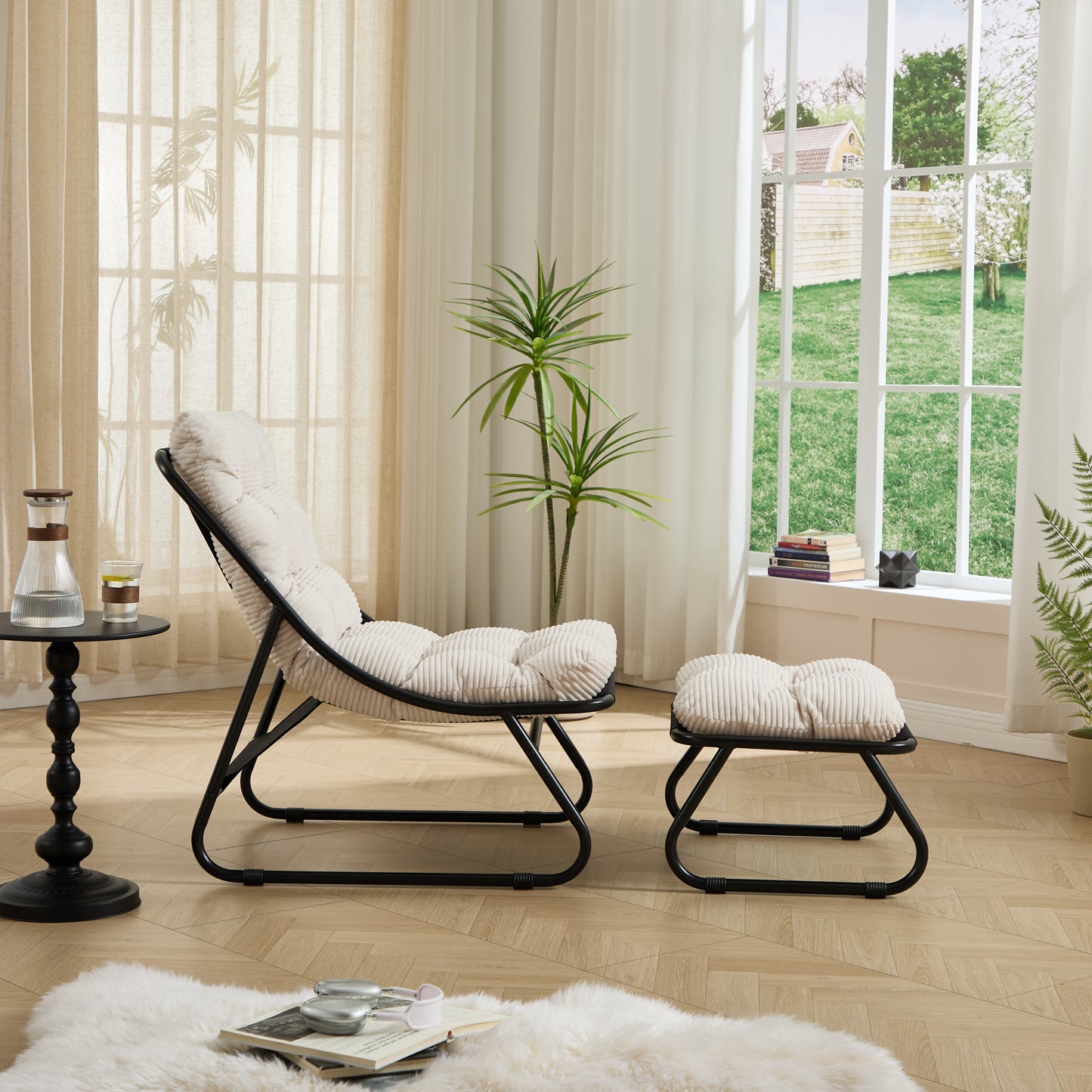 Patio Outdoor Lounge Chair with Ottoman, Comfy Sling Recliner Chair with Puffy Cushion and Foot Stool, Ideal for Living Room, Bedroom, Reading Room, Black frame with white cushion