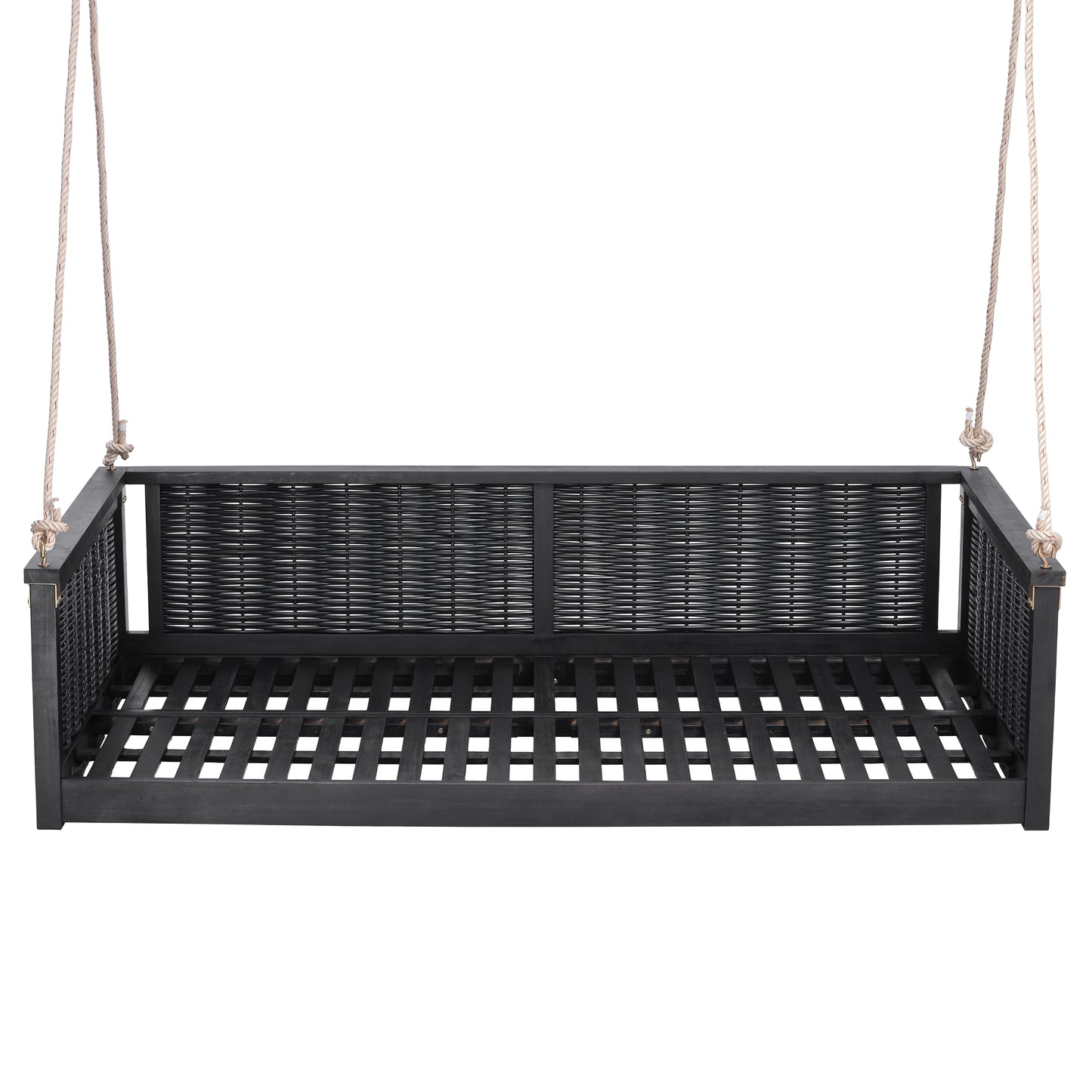 TOPMAX Outdoor Classic Solid Wood Twin Size Swing Bed,Garden Porch Rattan Swing Frame with Long Ropes for Poolside, Backyard, BLACK