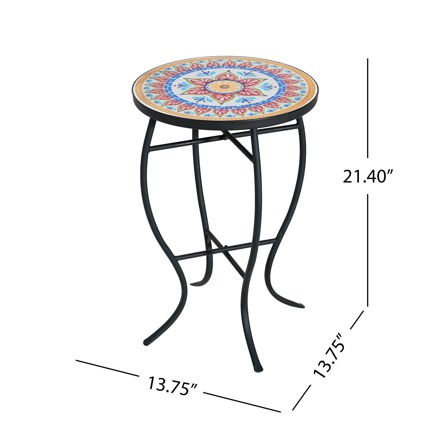 Outdoor Round Side Table with Mosaic-Style Top and Curved Iron Legs, Red and Matte Black