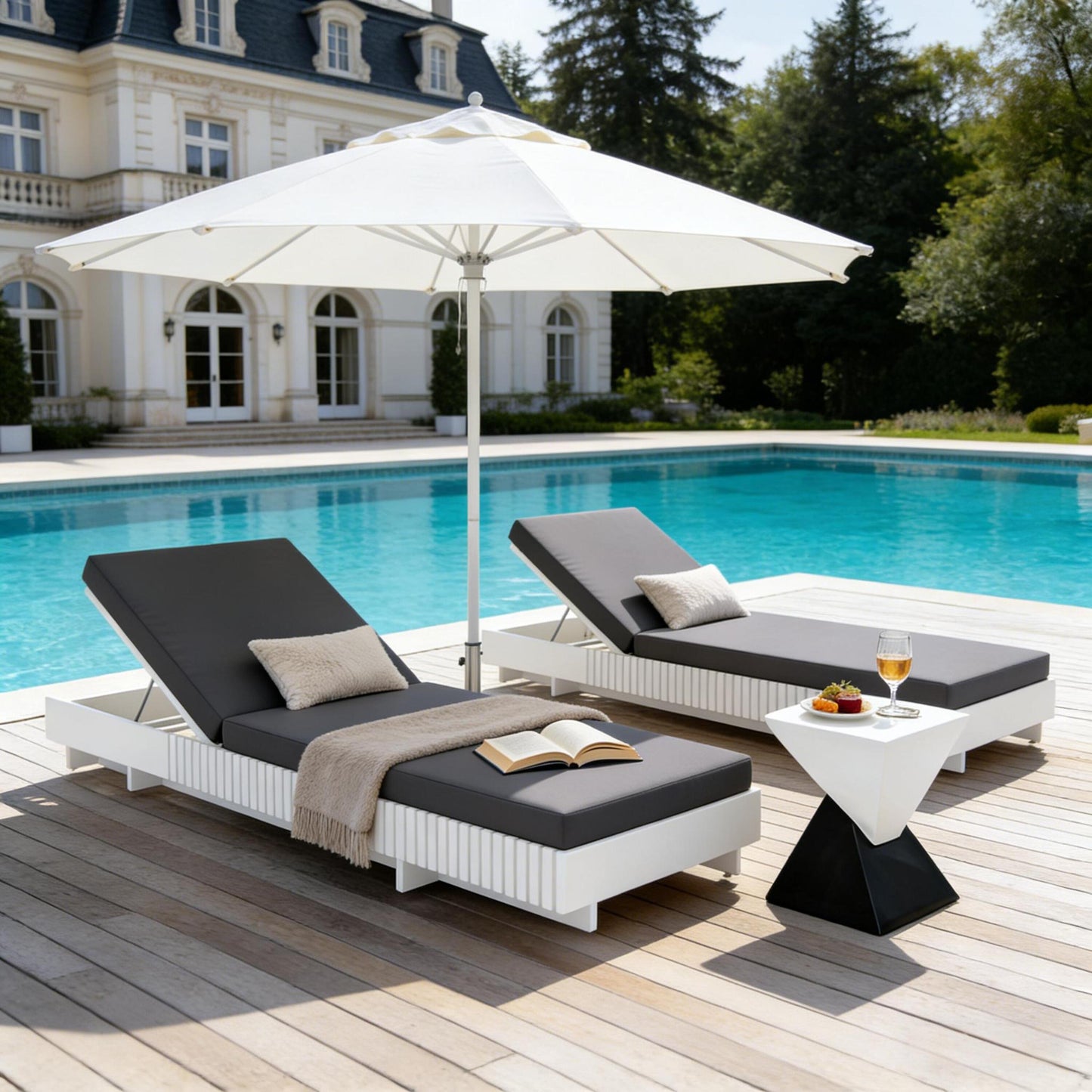 White Acacia Solid Wood Outdoor Chaise Lounge with Dark Grey Water-Repellent Cushion, 400lbs Capacity, Modern Patio Sun Lounger for Garden, Poolside