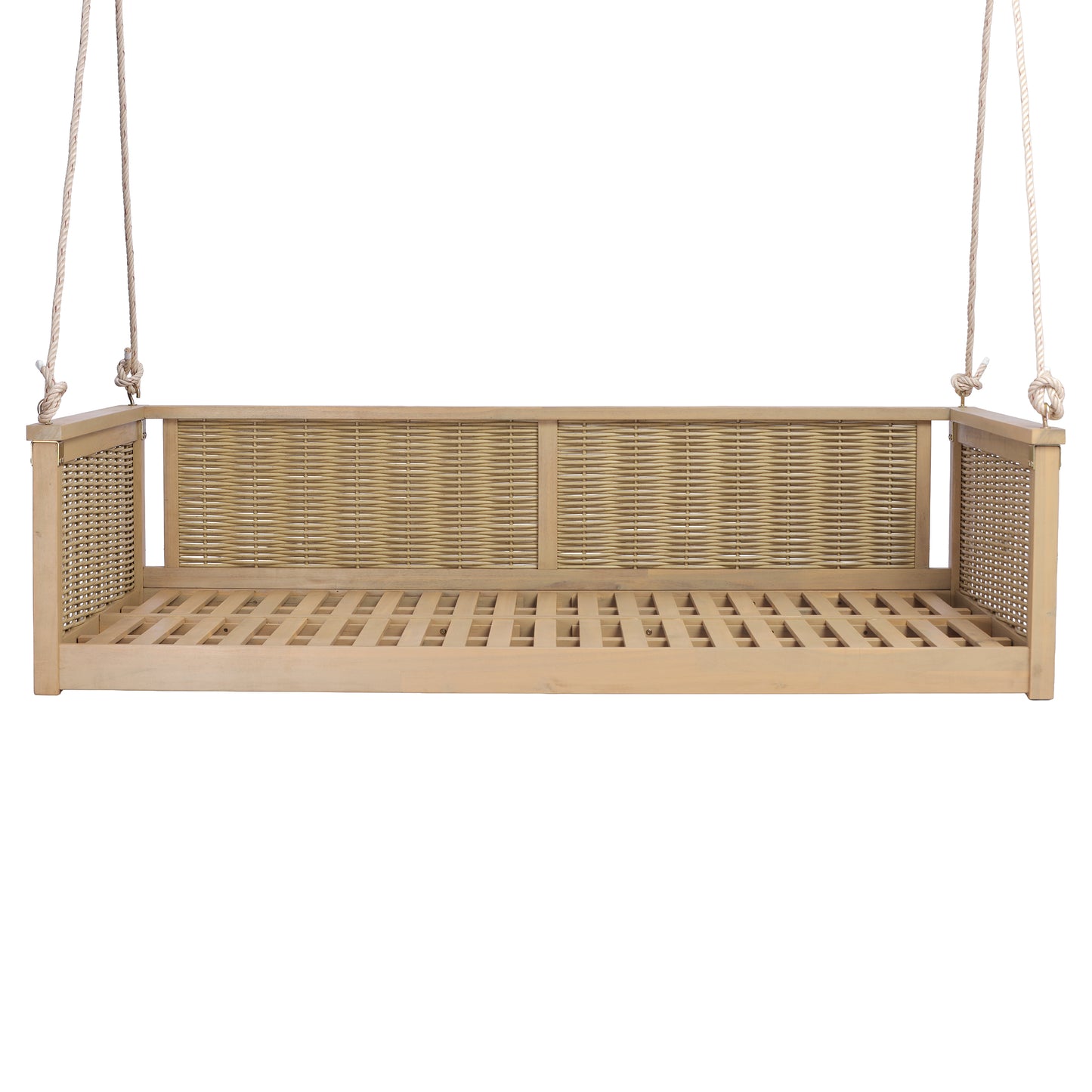 TOPMAX Outdoor Classic Solid Wood Twin Size Swing Bed,Garden Porch Rattan Swing Frame with Long Ropes for Poolside, Backyard, LIGHT TEAK