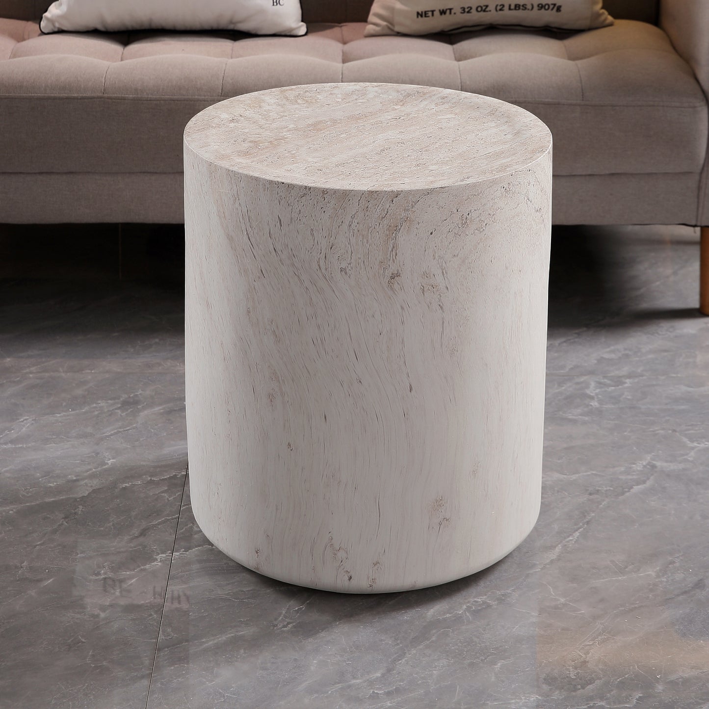 Light Travertine Finish Magnesium Oxide Drum Side Table   15.75" Diameter Round End Table