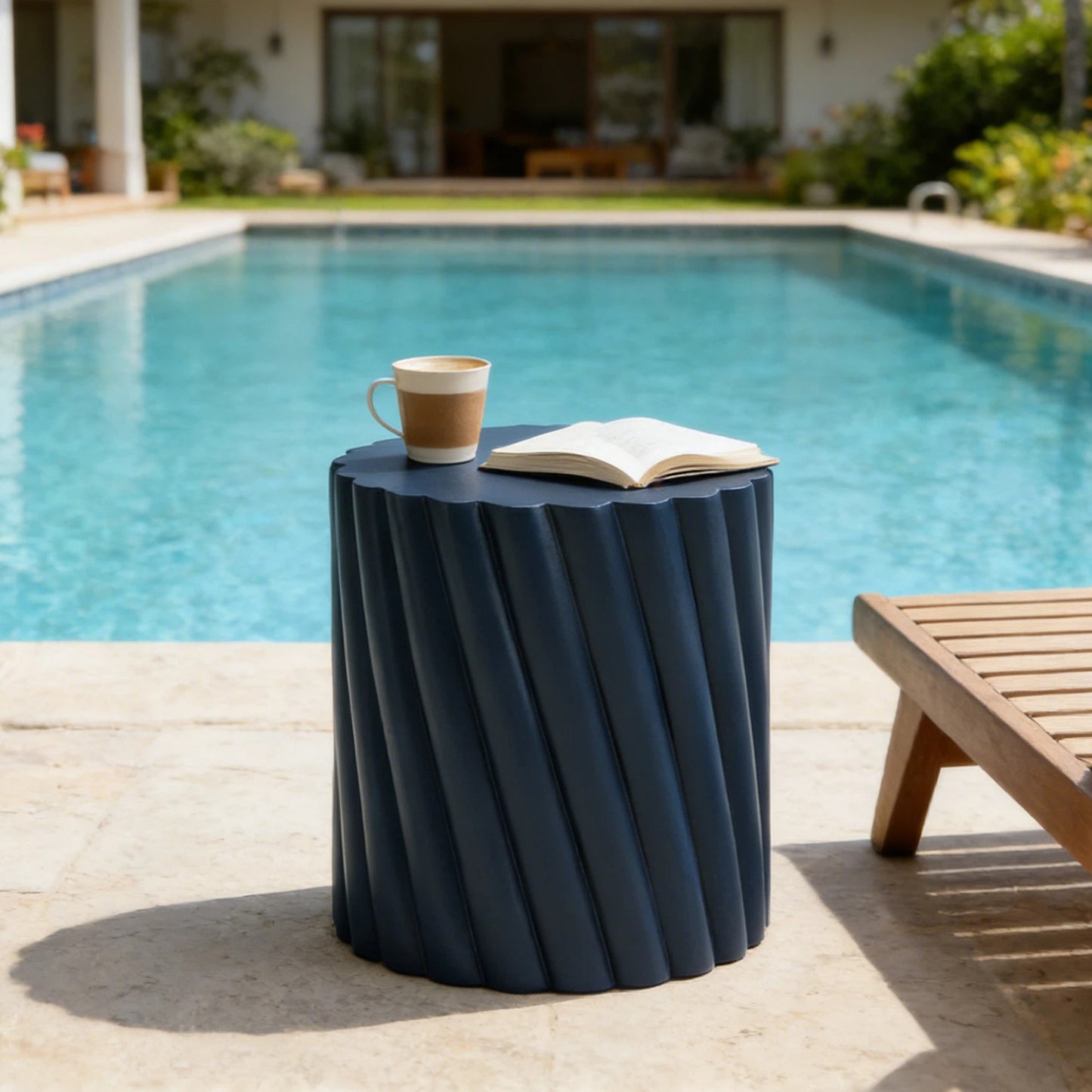 Modern Navy Blue Outdoor Table with Fluted Design - 16.02" Diameter, 18.31" H, MGO Material, 250 lbs Capacity, Assembly-Free Accent Table or Seat for Patio, Garden, or Balcony