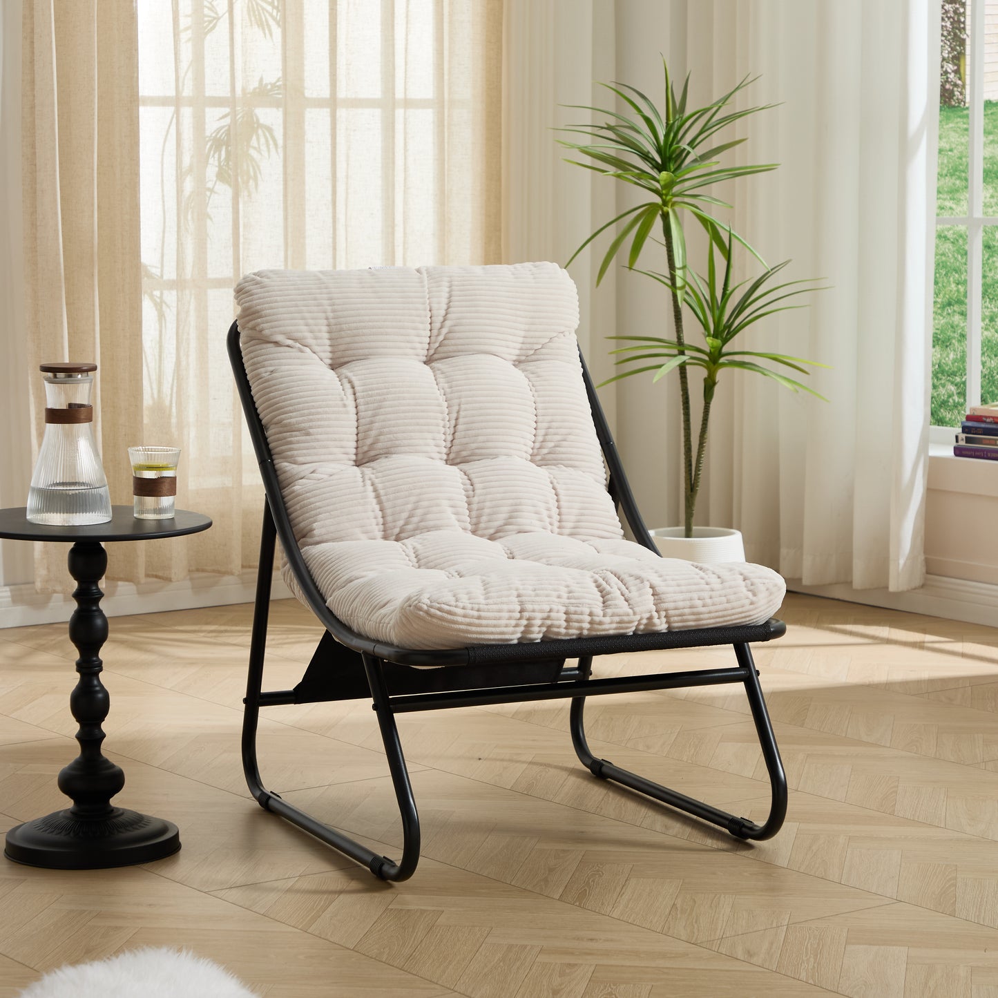 Patio Outdoor Lounge Chair with Ottoman, Comfy Sling Recliner Chair with Puffy Cushion and Foot Stool, Ideal for Living Room, Bedroom, Reading Room, Black frame with white cushion