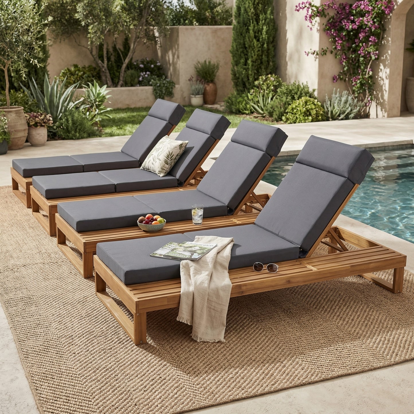 Teak Finish Acacia Wood Chaise Lounge with 4-Inch Dark Gray 4-Fold Cushion Set, Adjustable Outdoor Patio Lounger with Flat Side Surface, for Poolside- Matching cream,beige version available
