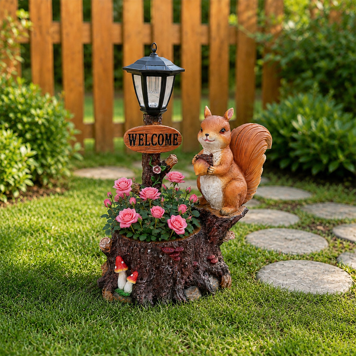 Cute Squirrel Garden Planter with Decorative Lantern - Polyresin Animal Figurine with Faux Oil Lamp for Outdoor Patio & Yard Decor