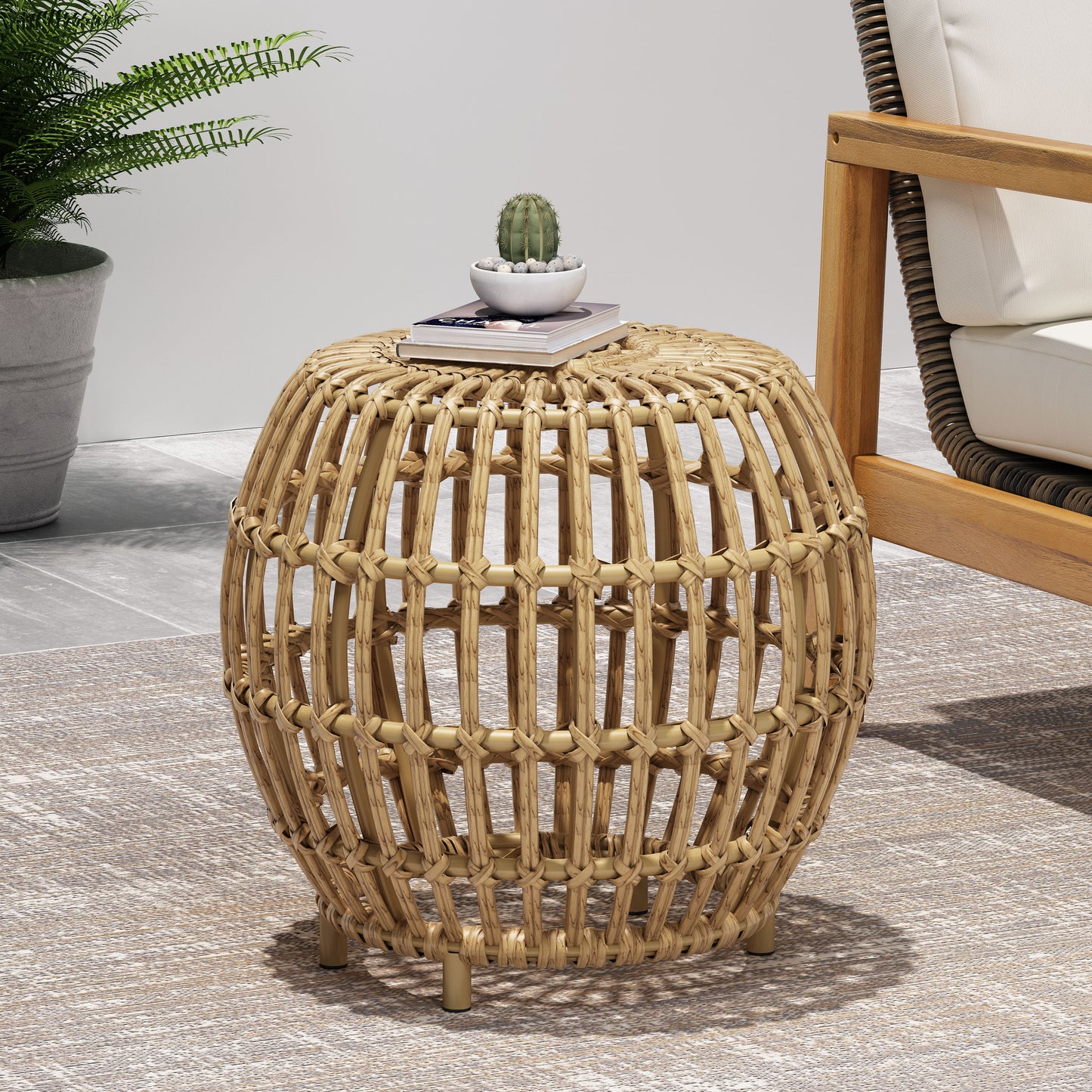 OTTAWA Side Table-Bohemian Faux Rattan Weave Accent Table for Indoor Outdoor Use, Handcrafted Round Side Table for Living Room, Patio, Garden,Light Brown Color