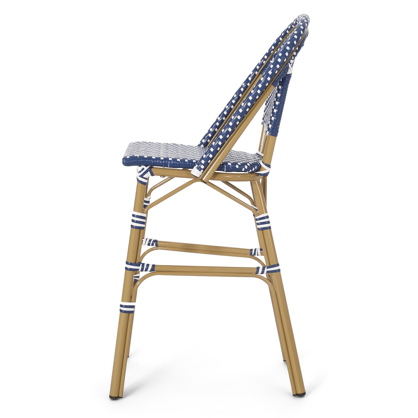 29.5" Outdoor PE Rattan French Barstool, Dark Teal and White, Aluminum Frame with Bamboo Finish (Set of 2)