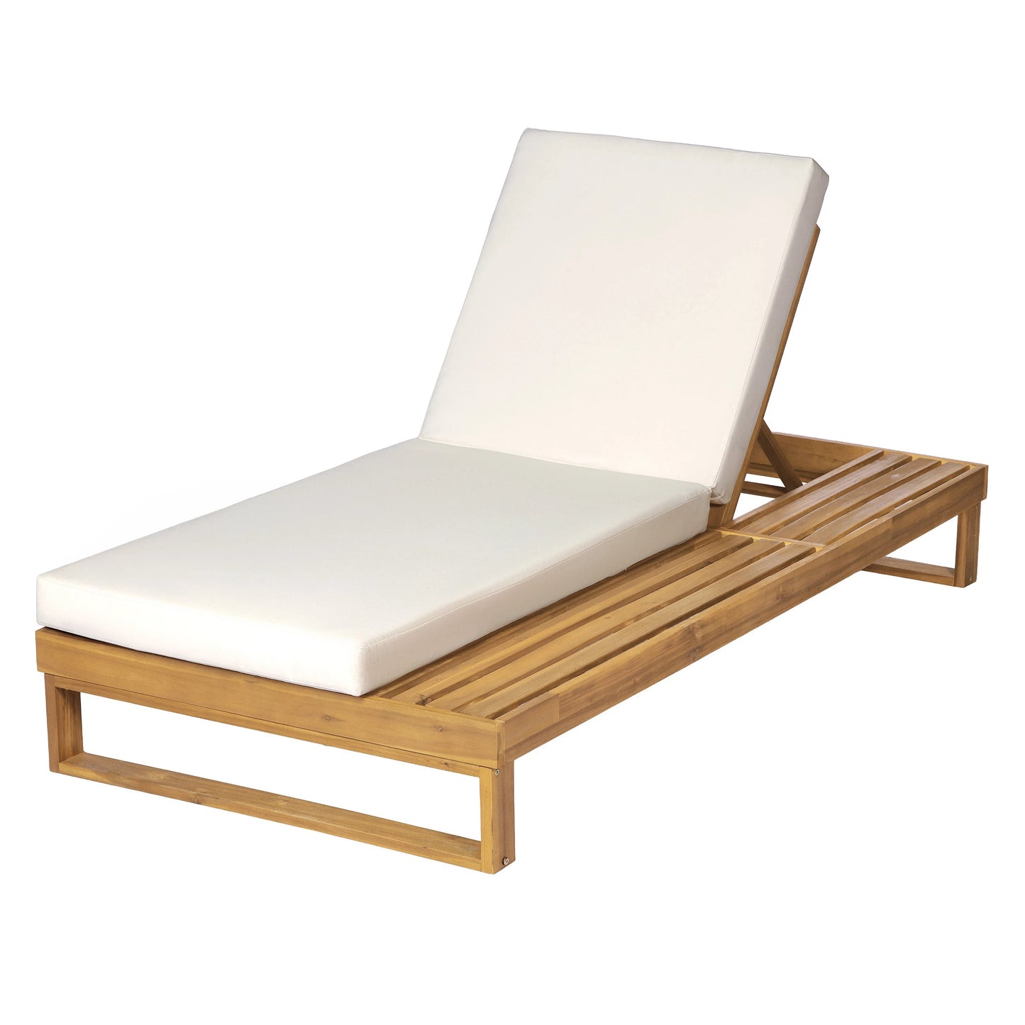 Teak Finish Acacia Wood Chaise Lounge with 4-Inch Cream 2-Fold Cushion Set, 4-Position Adjustable Outdoor Patio Lounger with Flat Side Surface, for Poolside - Matching dark grey version available