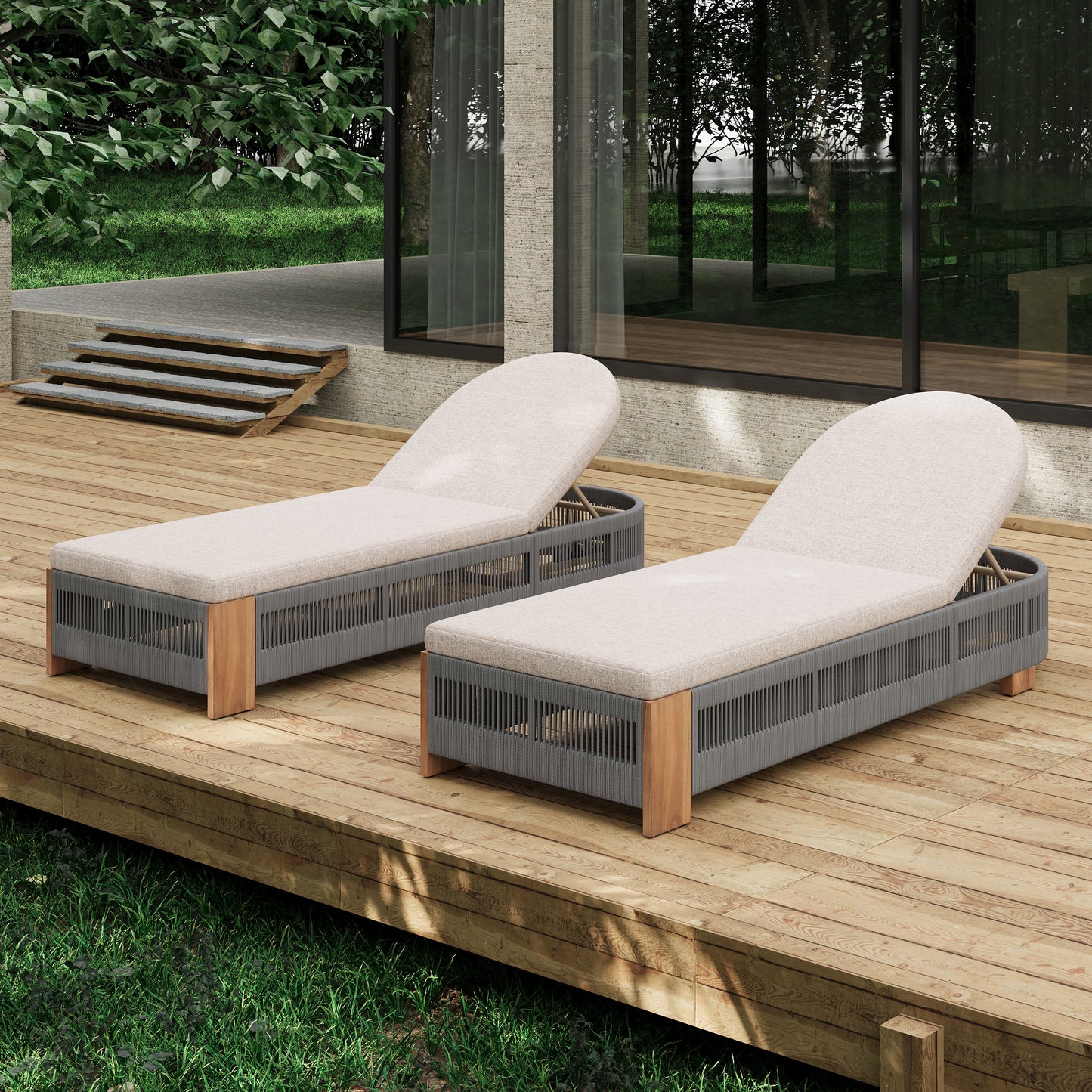 Outdoor Chaise Lounge Chair, Acacia wood Pool Chair with Adjustable Backrest and Cushion, Outdoor Lounge Chair for Beach, Yard, or Poolside (Grey rope)