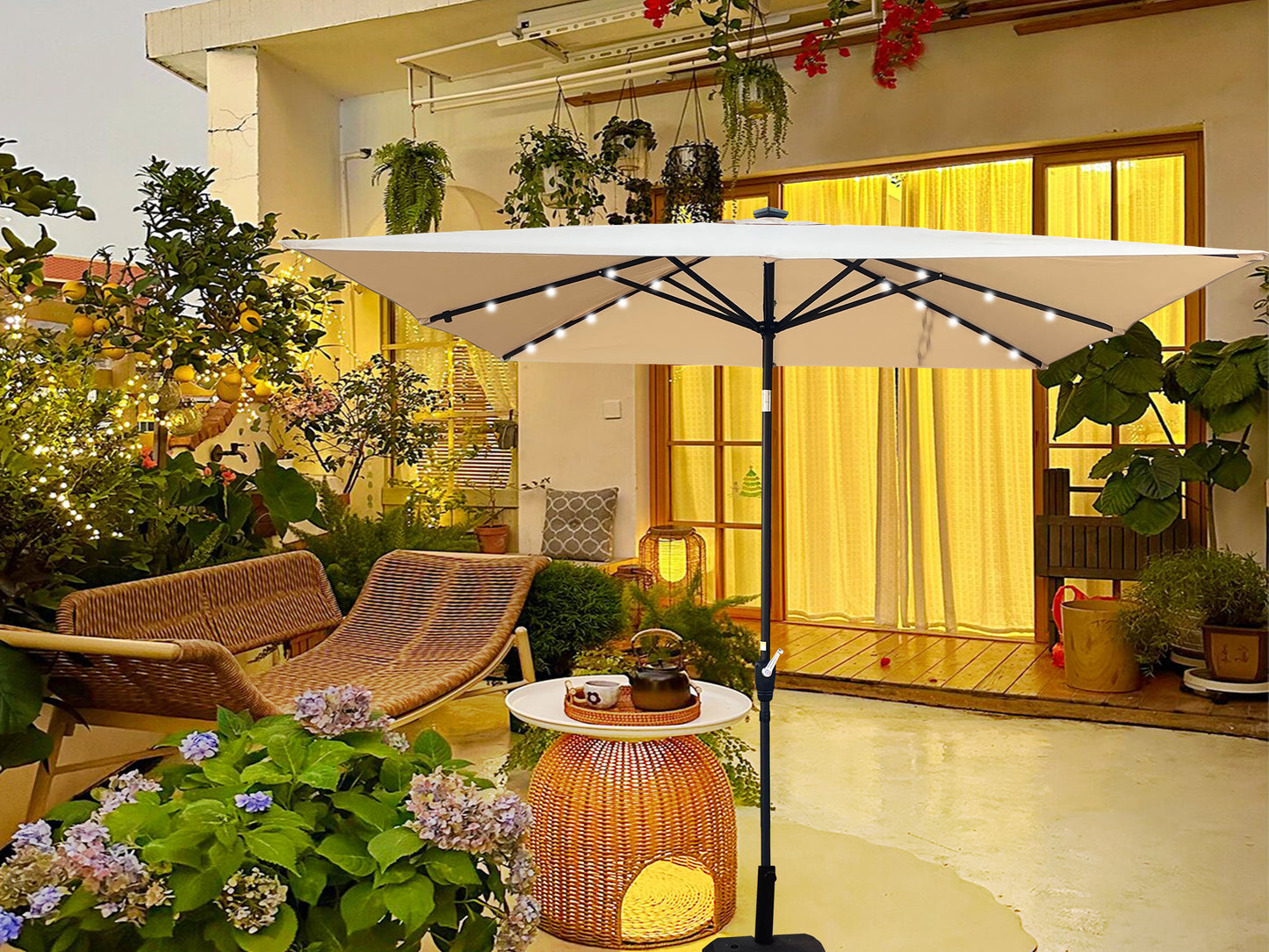 Square 2.5X2.5M Outdoor Patio Umbrella Solar Powered LED Lighted Sun Shade Market Waterproof 8 Ribs Umbrella with Crank and Cross Base for Garden Deck Backyard Pool Shade Outside Deck Swimming Pool