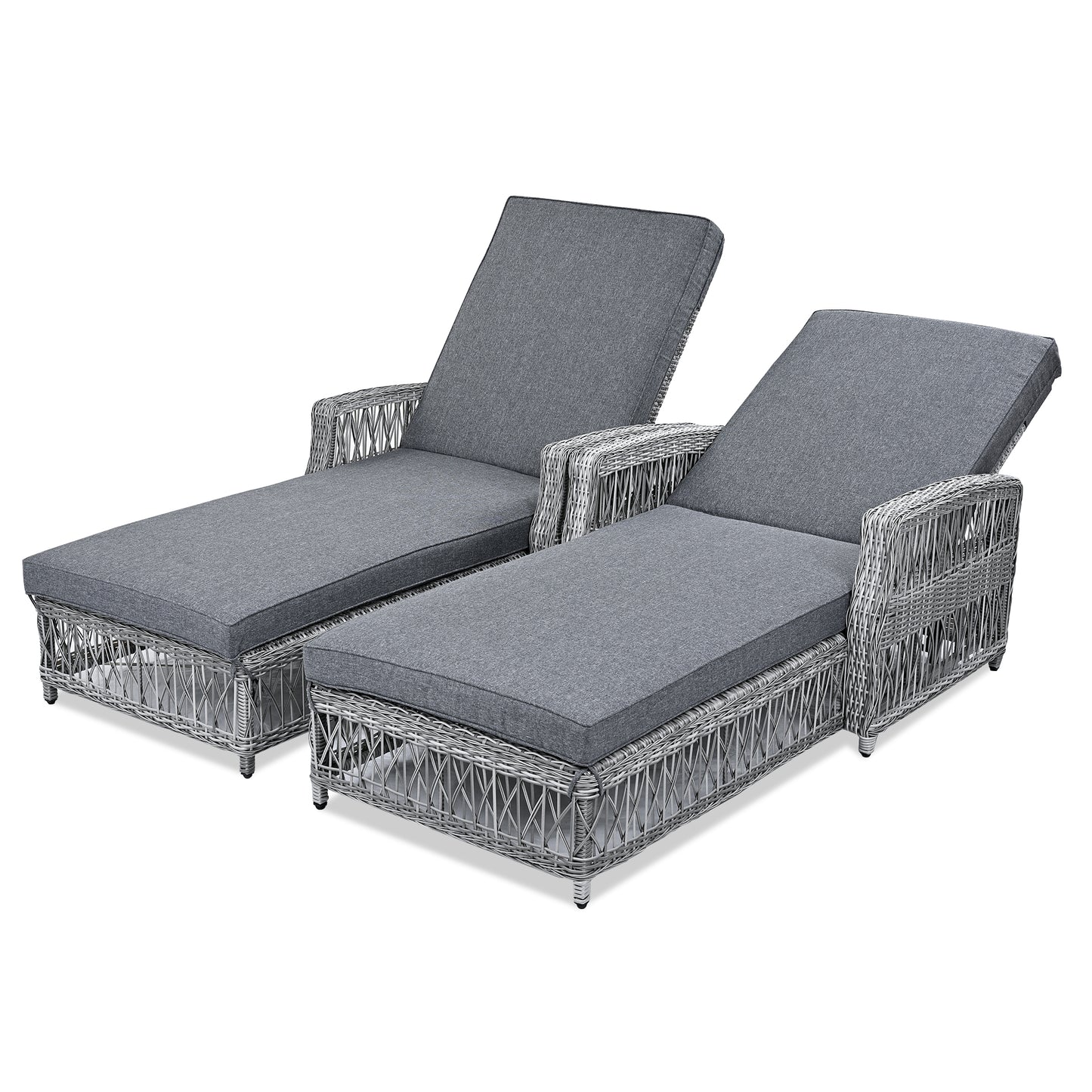 GO 2 Pieces Long Reclining Chaise, Outdoor Wicker Lounge with Armrests, Patio Adjustable Recliner with Soft Removable Cushions, All Weather Rattan Pool Lounge for Poolside & Garden, Gray