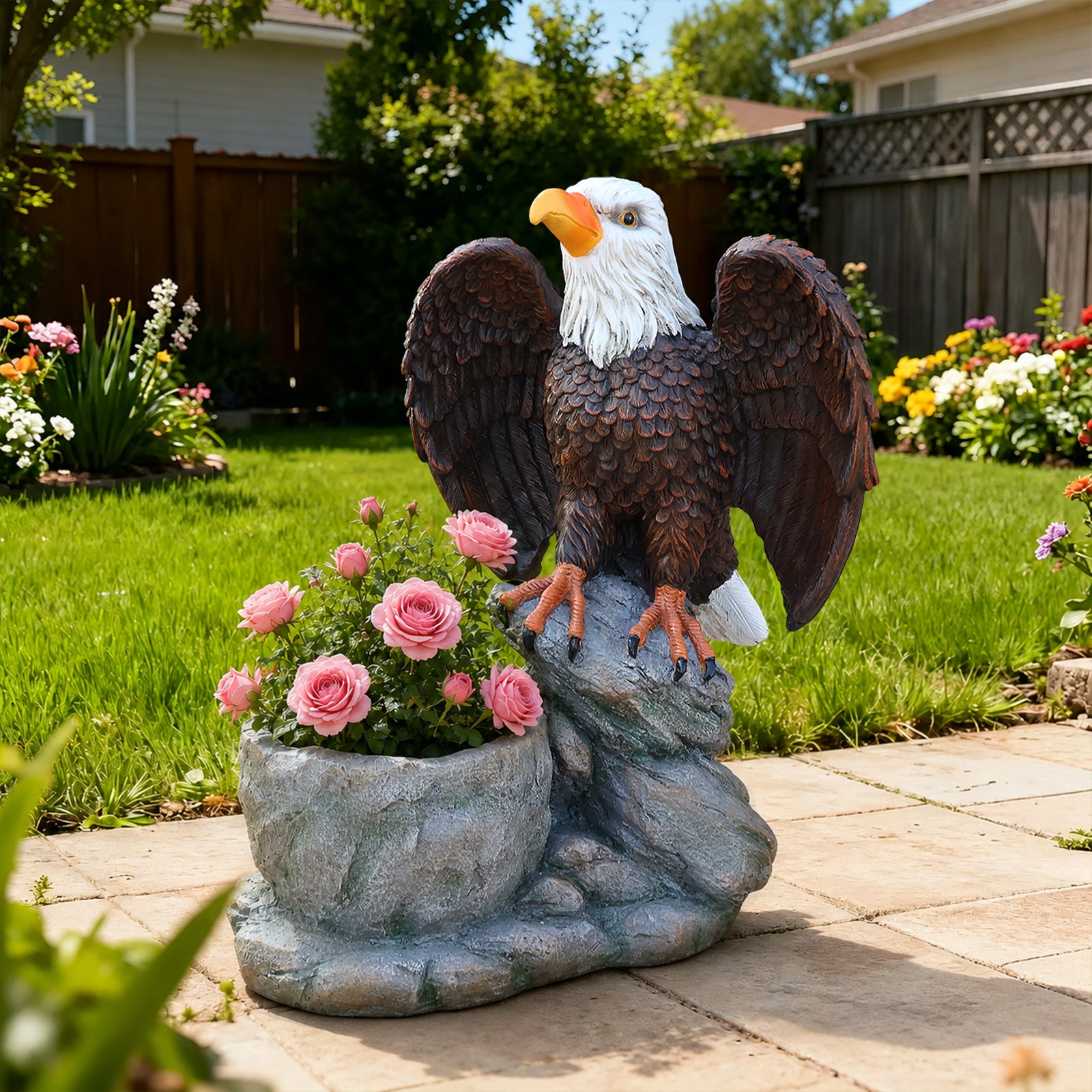 Standing Eagle Statue Garden Planter on Faux Stone Base - Rustic Wildlife Decorative Flower Pot for Outdoor Patio & Home Decor