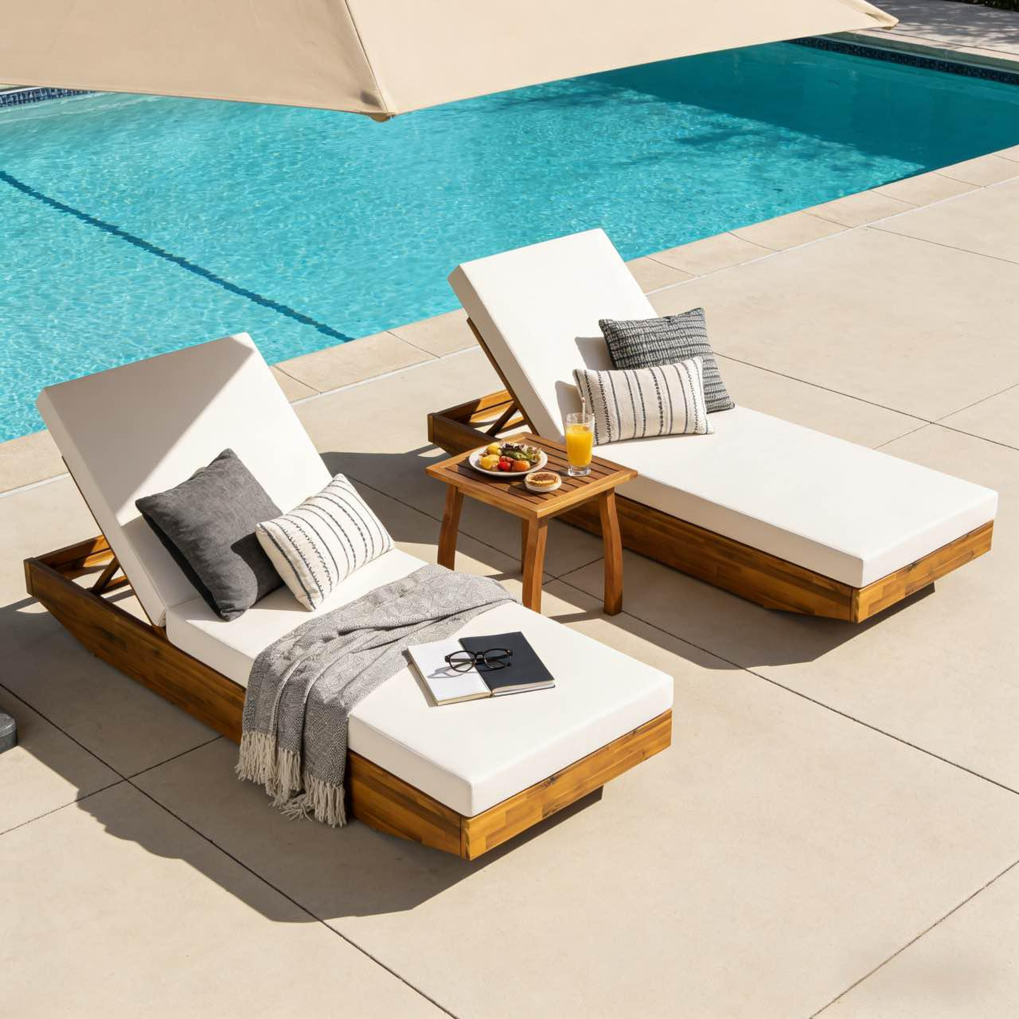 Acacia Wood Chaise Lounge with Cushion - Teak Finish Outdoor Recliner with  Cream Water-Repellent Cushion, 79.6" L x 29" W, 300 lbs