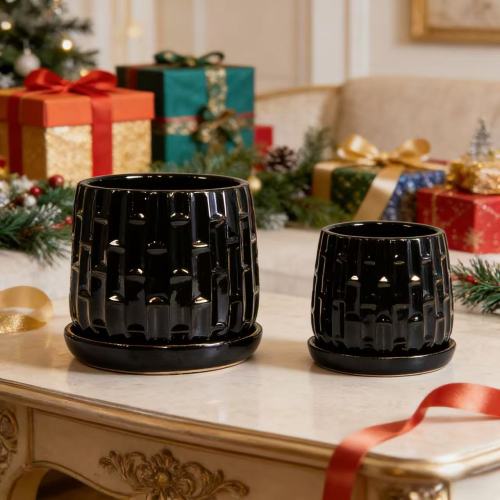 5 in. and 7 in. Black Garden Ceramic with Tray Planter (2-Pack)