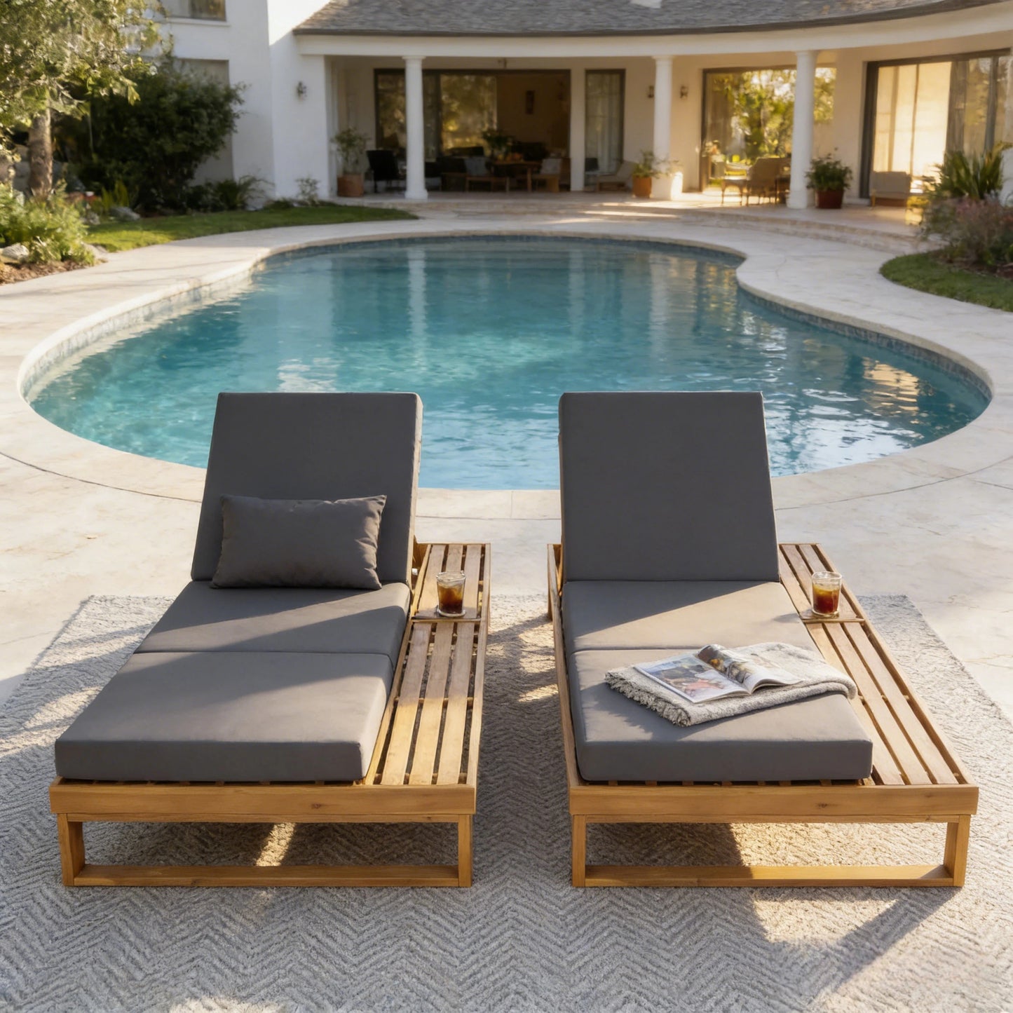Teak Finish Acacia Wood Chaise Lounge with 4-Inch Dark Grey 3-Fold Water-Resistant Cushion Set, 4-Position Adjustable Outdoor Patio Lounger with Flat Side Surface- Matching cream version available