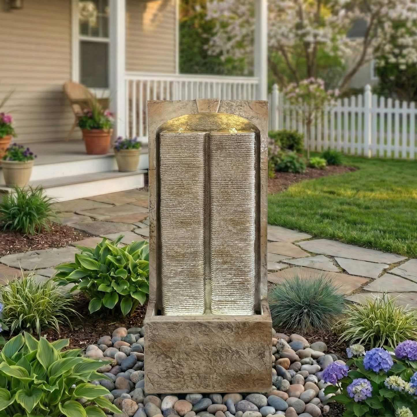 39 Inch Outdoor Water Fountain with Pump, Modern Cascading Freestanding Wall Fountain, Weather-Resistant Garden Water Feature with Warm White LED Lights, Outdoor Waterfall Fountain for Patio Porch Law