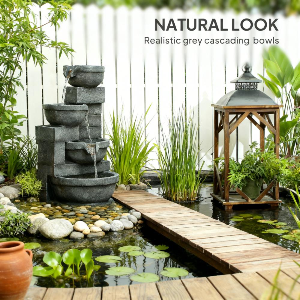 Garden Fountain,Tall Outdoor Waterfall Fountain with LED Lights, 4-Tier Resin Cascading Water Bowls with Pump