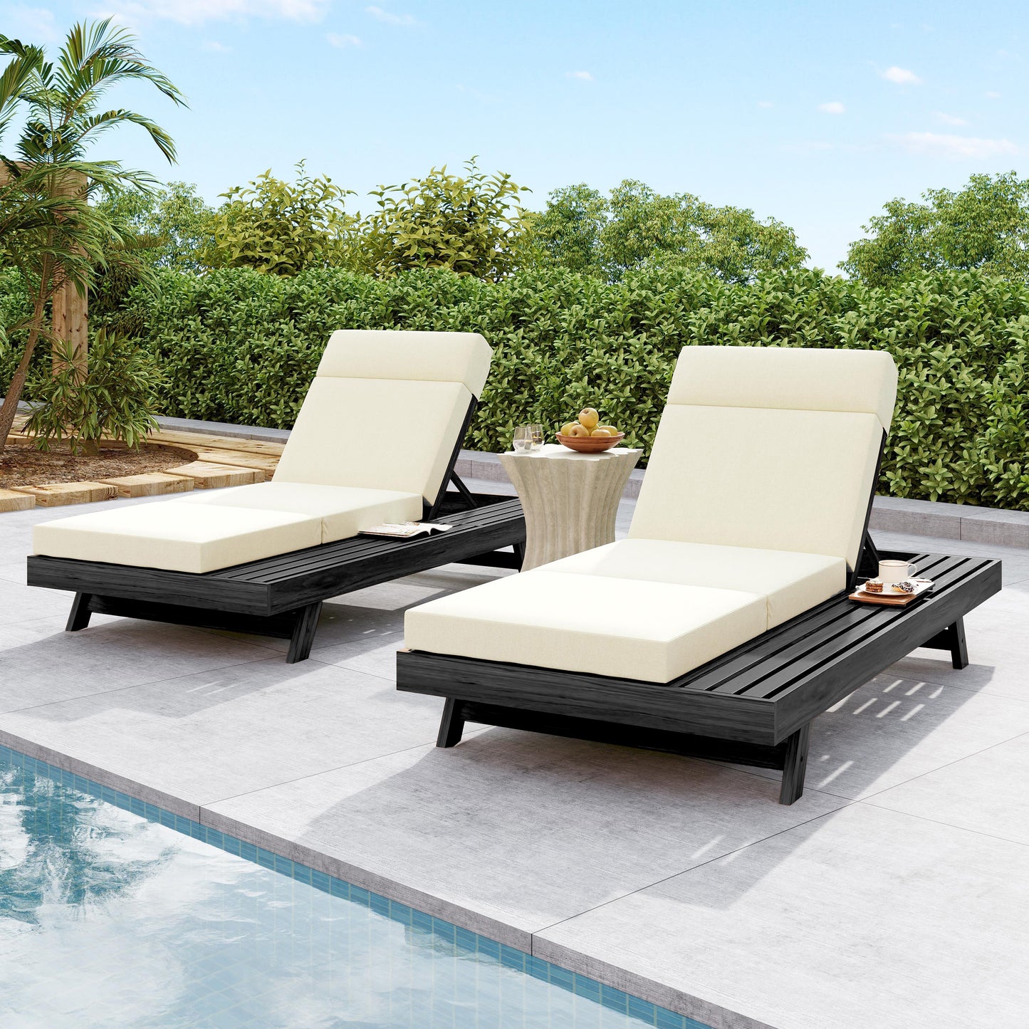 Lounge Chaise Set With Headrest, Space Available On One Side, Acacia Wood In Black With Water-Resistant Lounge Cushions (Beige & 3-Fold & 4 Inch) – Matching Dark Grey/Cream Version Available