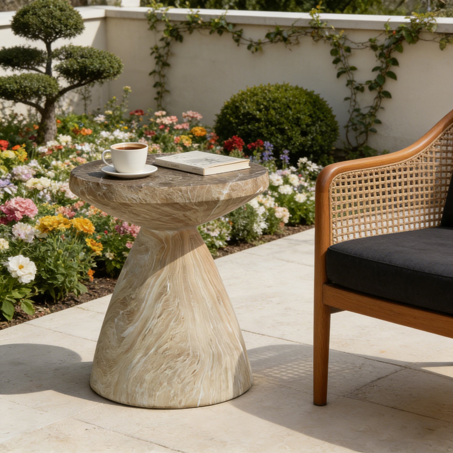 Cement Outdoor End Tables for Patio, GardenAccent Table Faux Terrazzo Accent Table, Modern Small Round Side Tablefor Outside, Tree Stump Garden Stool DrumTable indoor and Outdoor